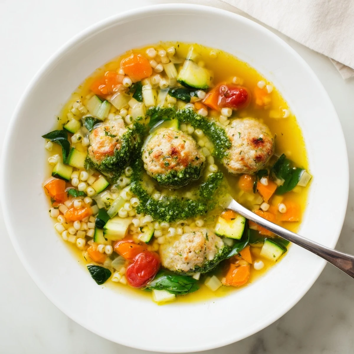 Golden Summer Pesto Mini Meatball Soup featuring tender chicken meatballs, fresh vegetables, and vibrant green basil pesto swirl in a rustic bowl.