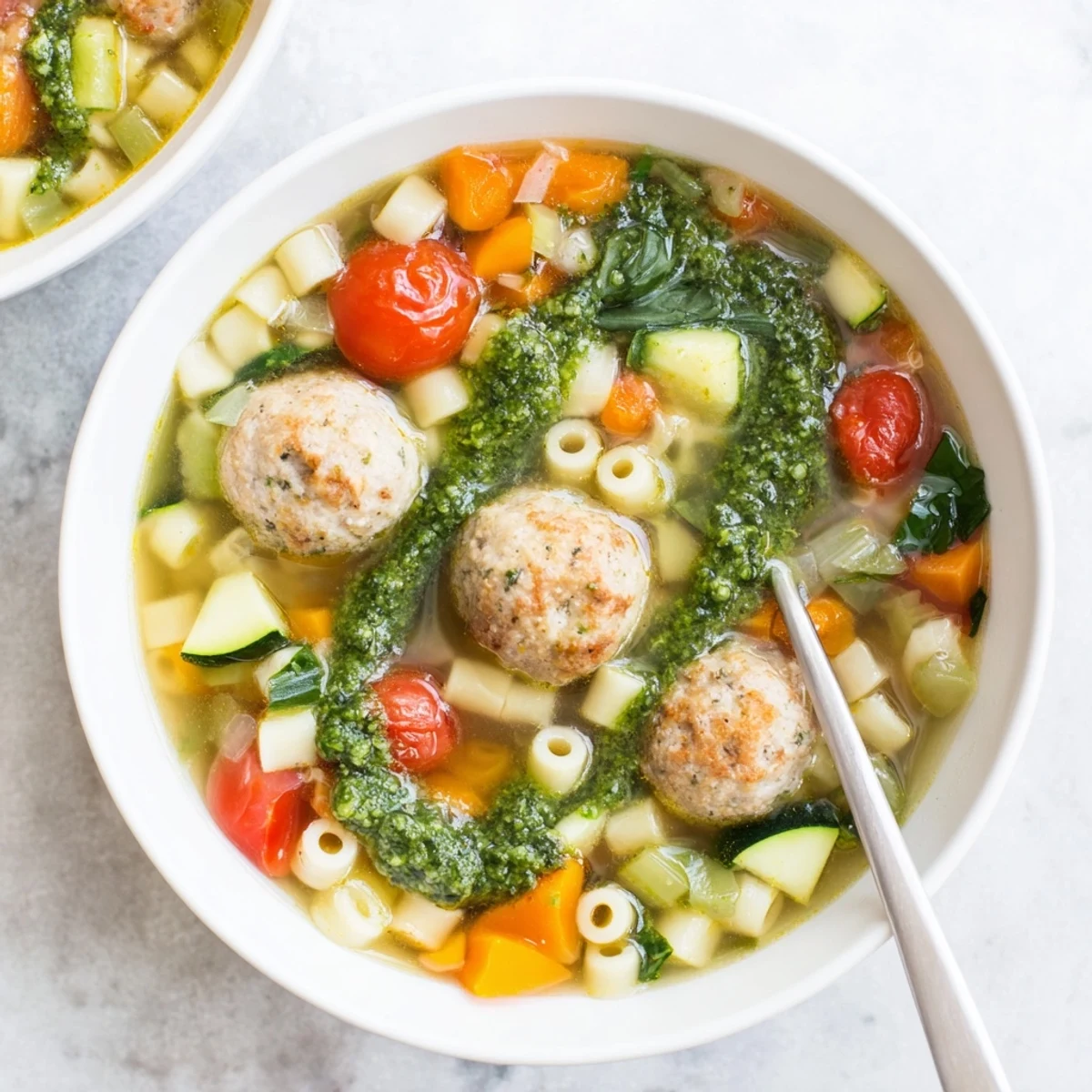 Hearty bowl of Summer Pesto Mini Meatball Soup with zucchini, cherry tomatoes, spinach, and small pasta swimming in savory broth.