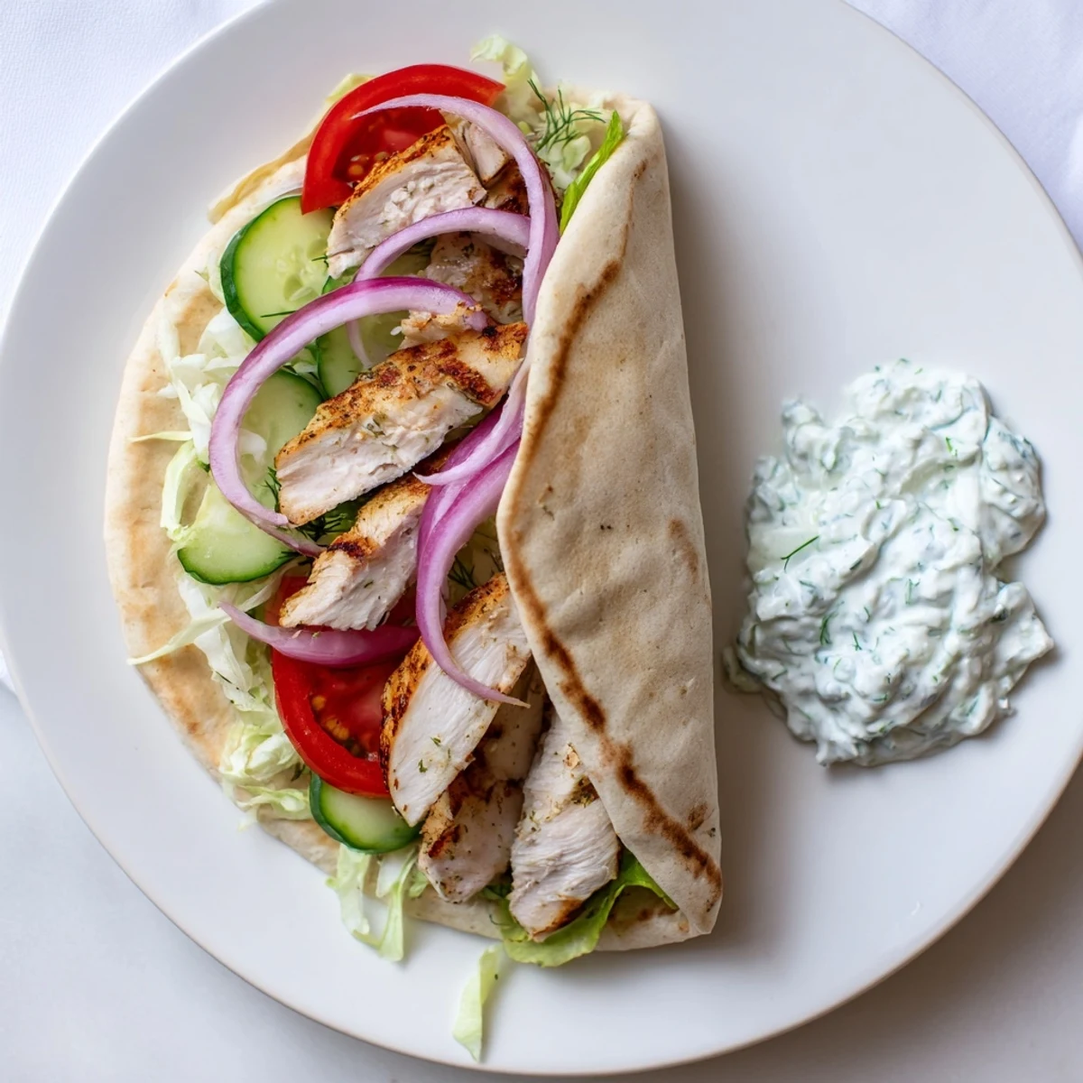 Golden sliced Greek grilled chicken pita filled with crisp vegetables and creamy tzatziki sauce