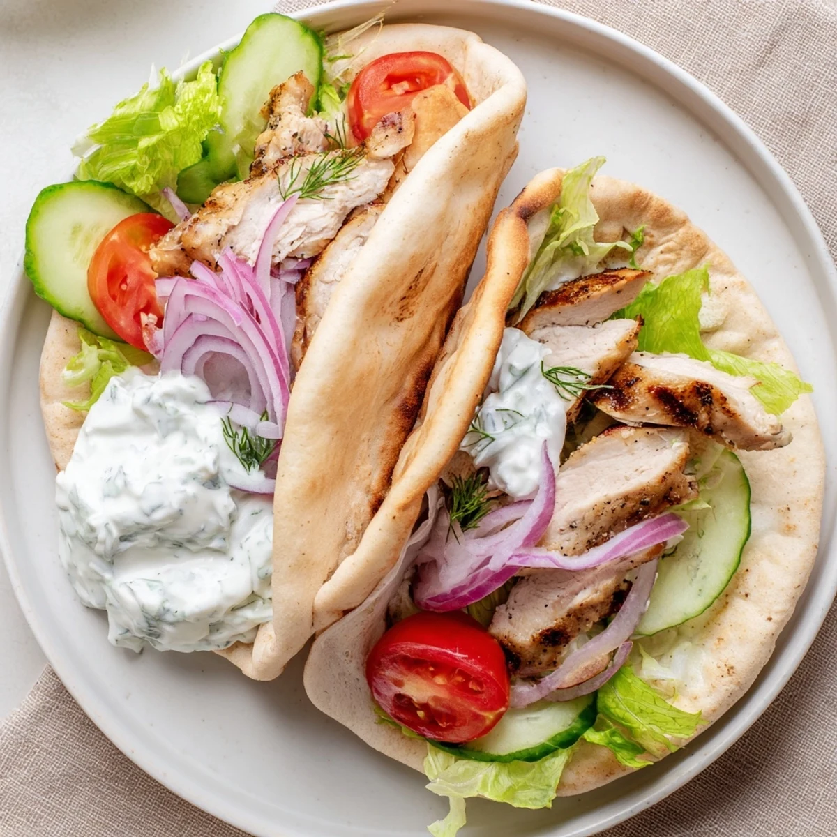 Warm pita wrapped around juicy marinated Greek grilled chicken pita with fresh tomato and cucumber