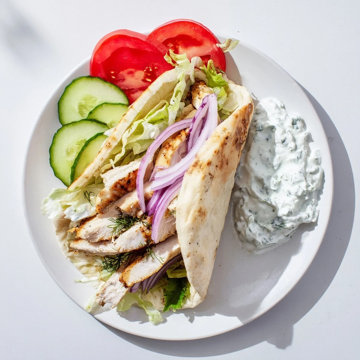 Mediterranean style Greek grilled chicken pita stacked with lettuce onions and cool yogurt sauce