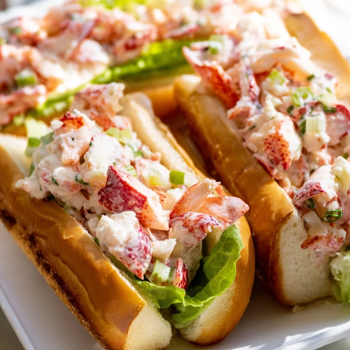 Fresh Maine style lobster rolls served in golden buttered buns with lemon wedges alongside