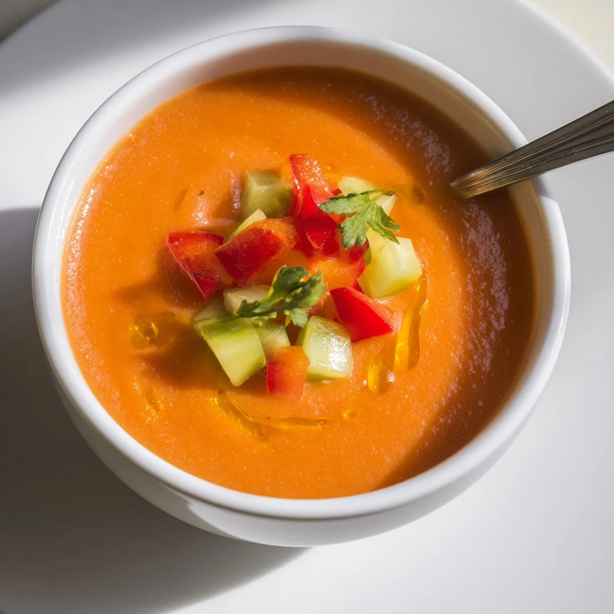 Refreshing chilled gazpacho soup garnished with colorful diced vegetables and fresh herbs in white bowl