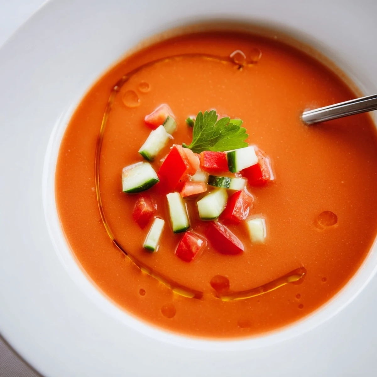 Smooth blended gazpacho recipe featuring vibrant red tomatoes, cucumber, and bell peppers drizzled with olive oil