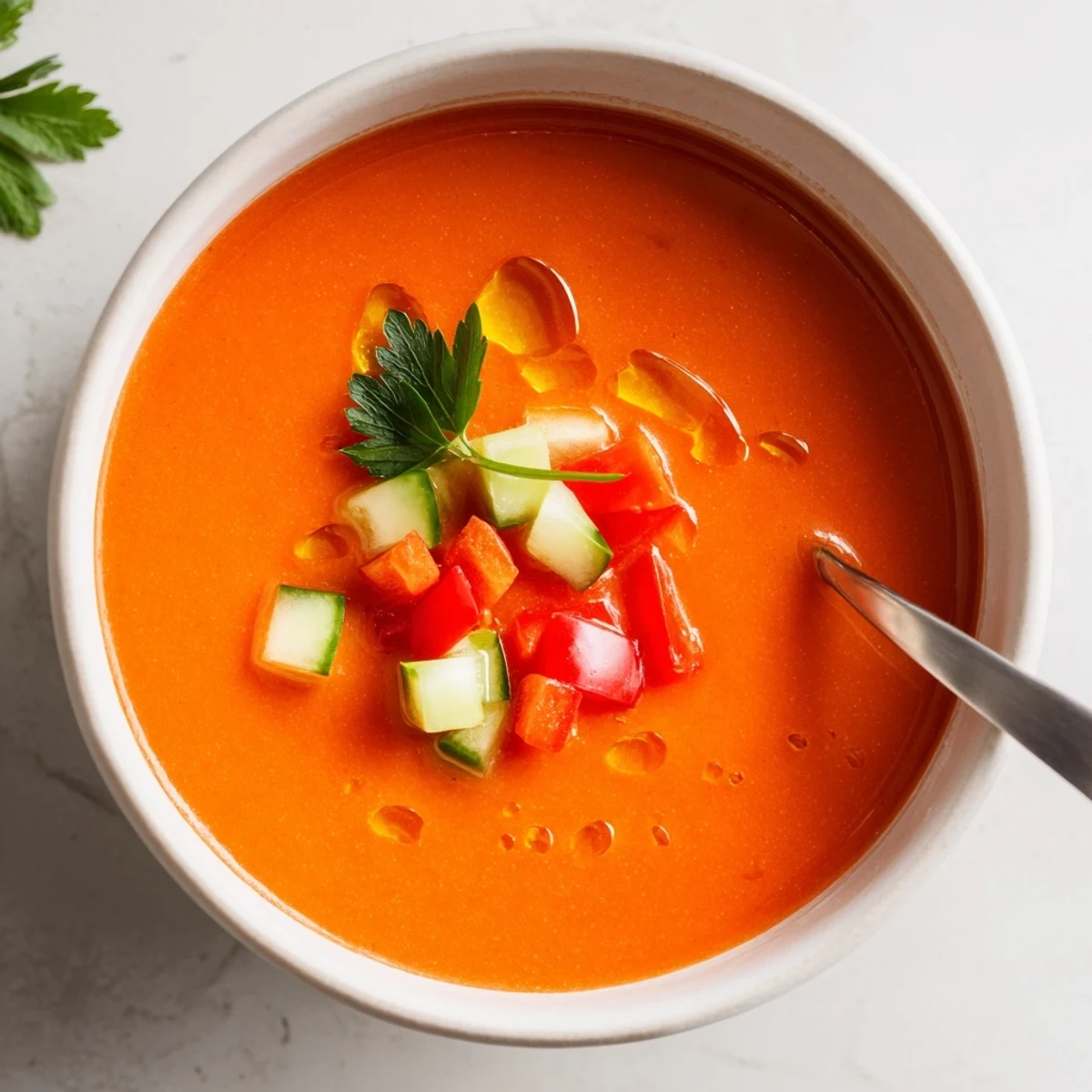 Cold Spanish gazpacho served in glass cups topped with fresh vegetable chunks and green basil leaves