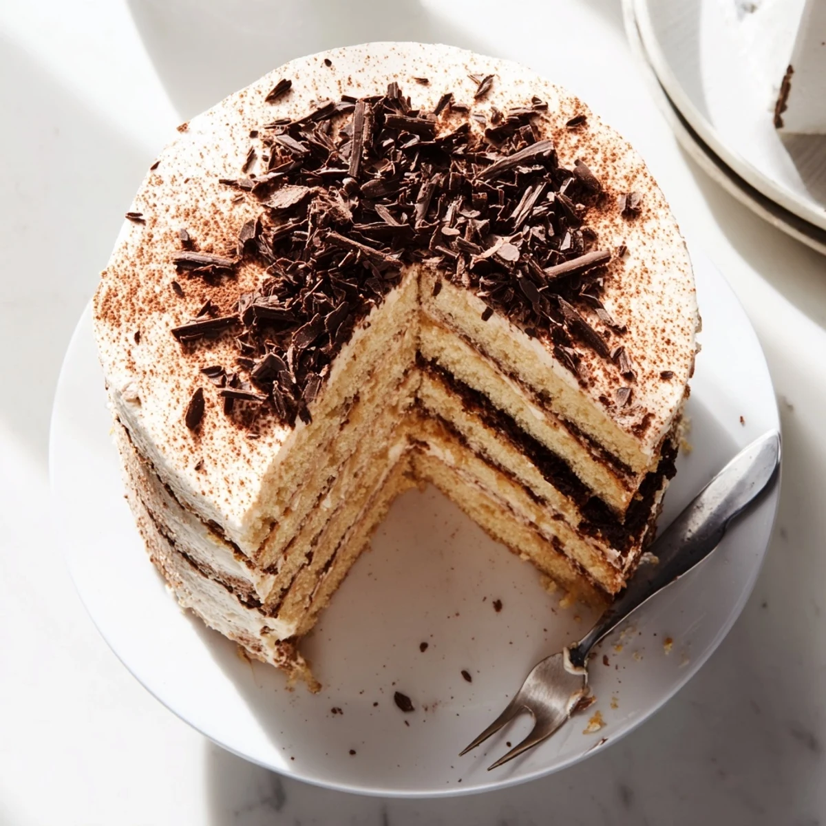 Luscious tiramisu cake layered with espresso-soaked sponge and creamy mascarpone filling, dusted with dark cocoa powder