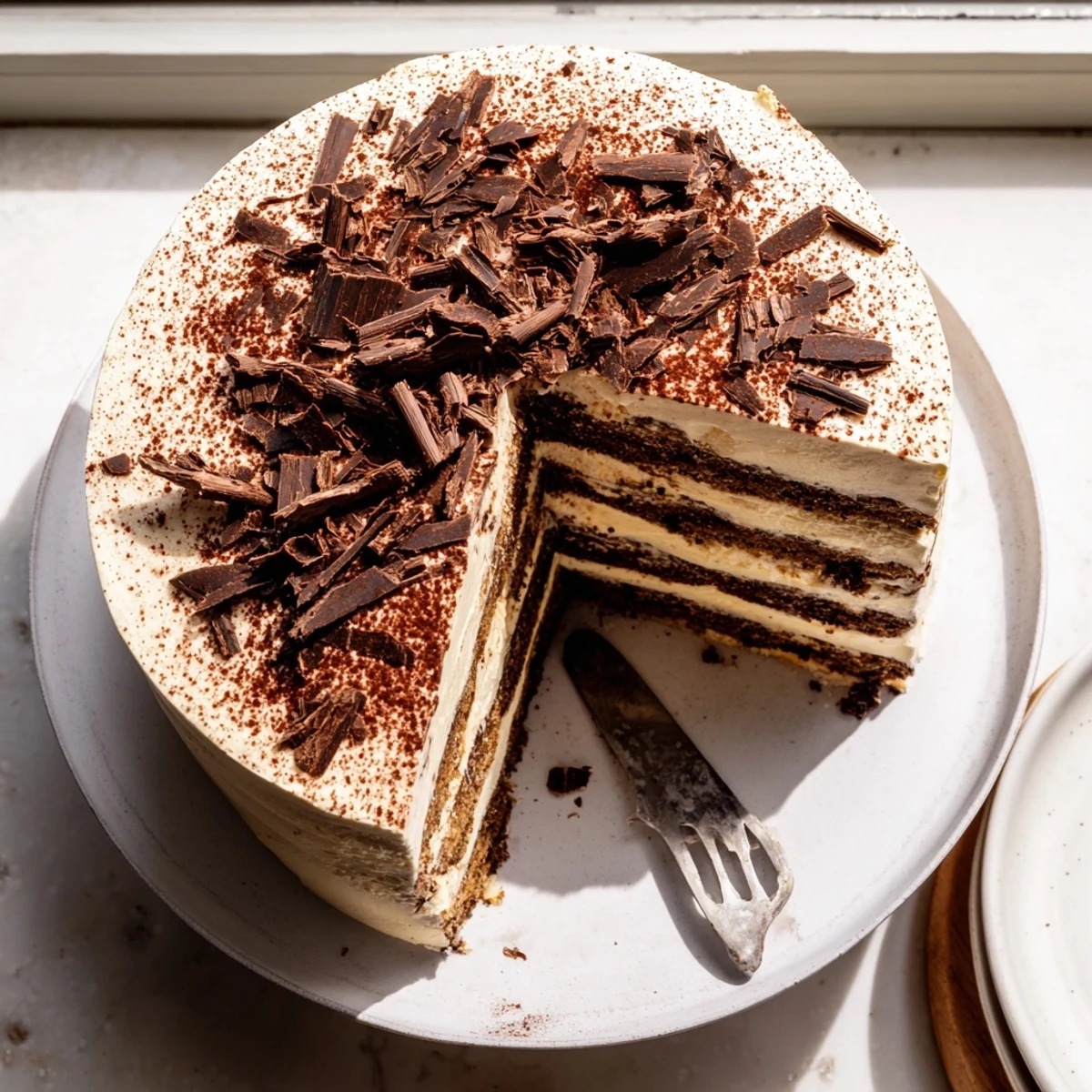 Elegant Italian tiramisu cake with coffee syrup, whipped mascarpone cream, and chocolate shavings on a serving plate