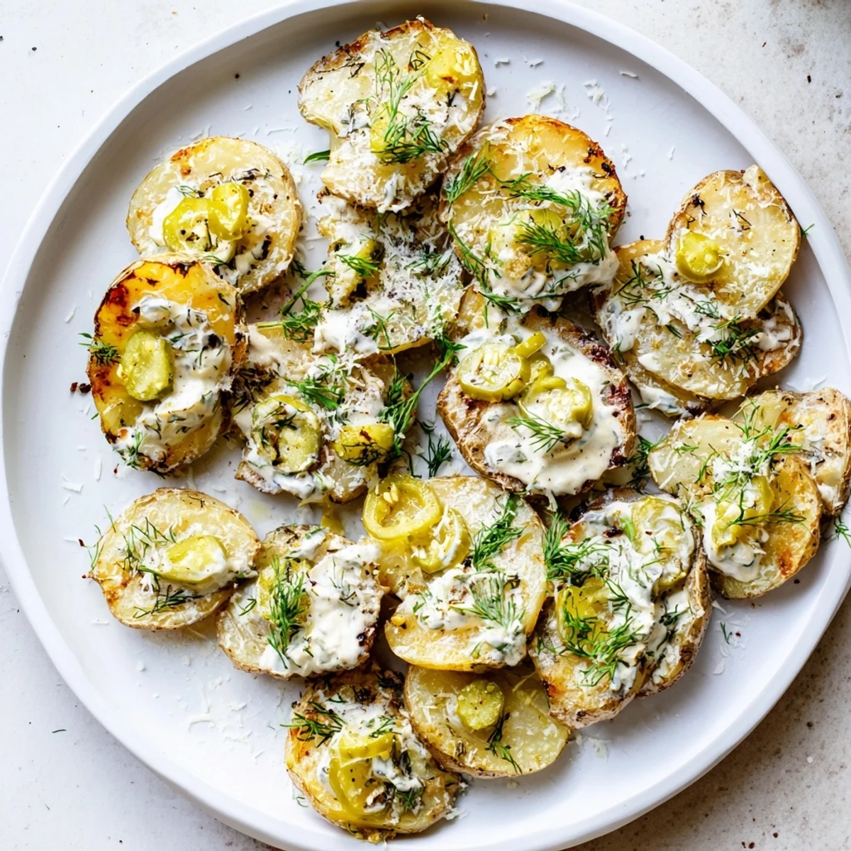 Golden crispy smashed potatoes drizzled with creamy ranch sauce and topped with chopped dill pickles and fresh herbs