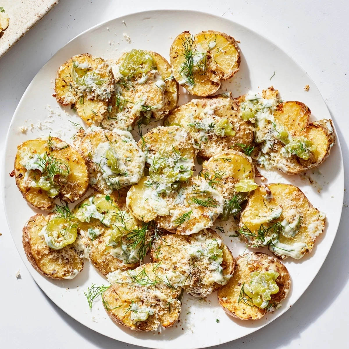 Plate of warm smashed potatoes loaded with homemade ranch dressing, crunchy dill pickles, and garnished with fresh parsley