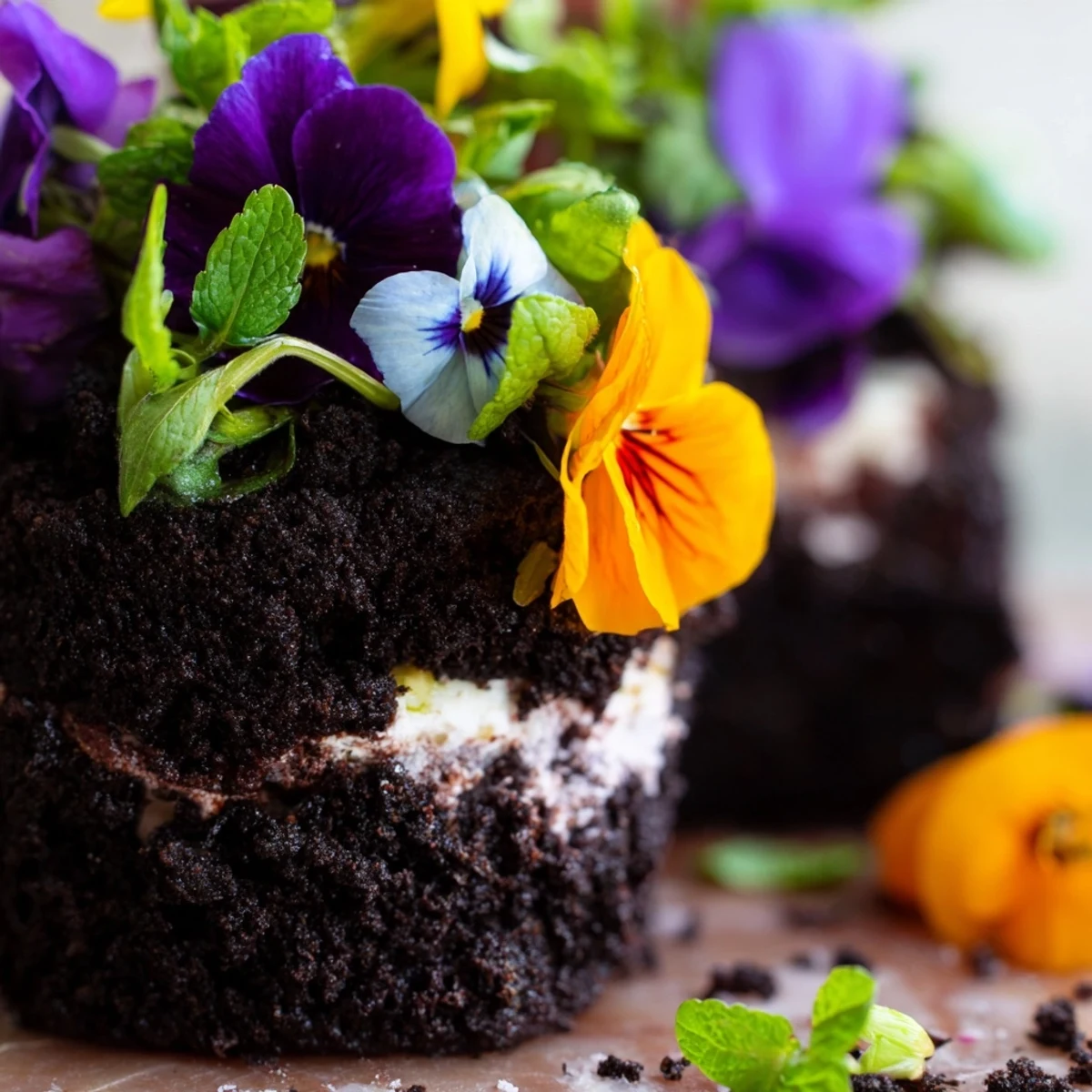 Whimsical edible potted floral garden dessert featuring chocolate cake layered with creamy filling and topped with chocolate cookie soil and fresh edible flowers