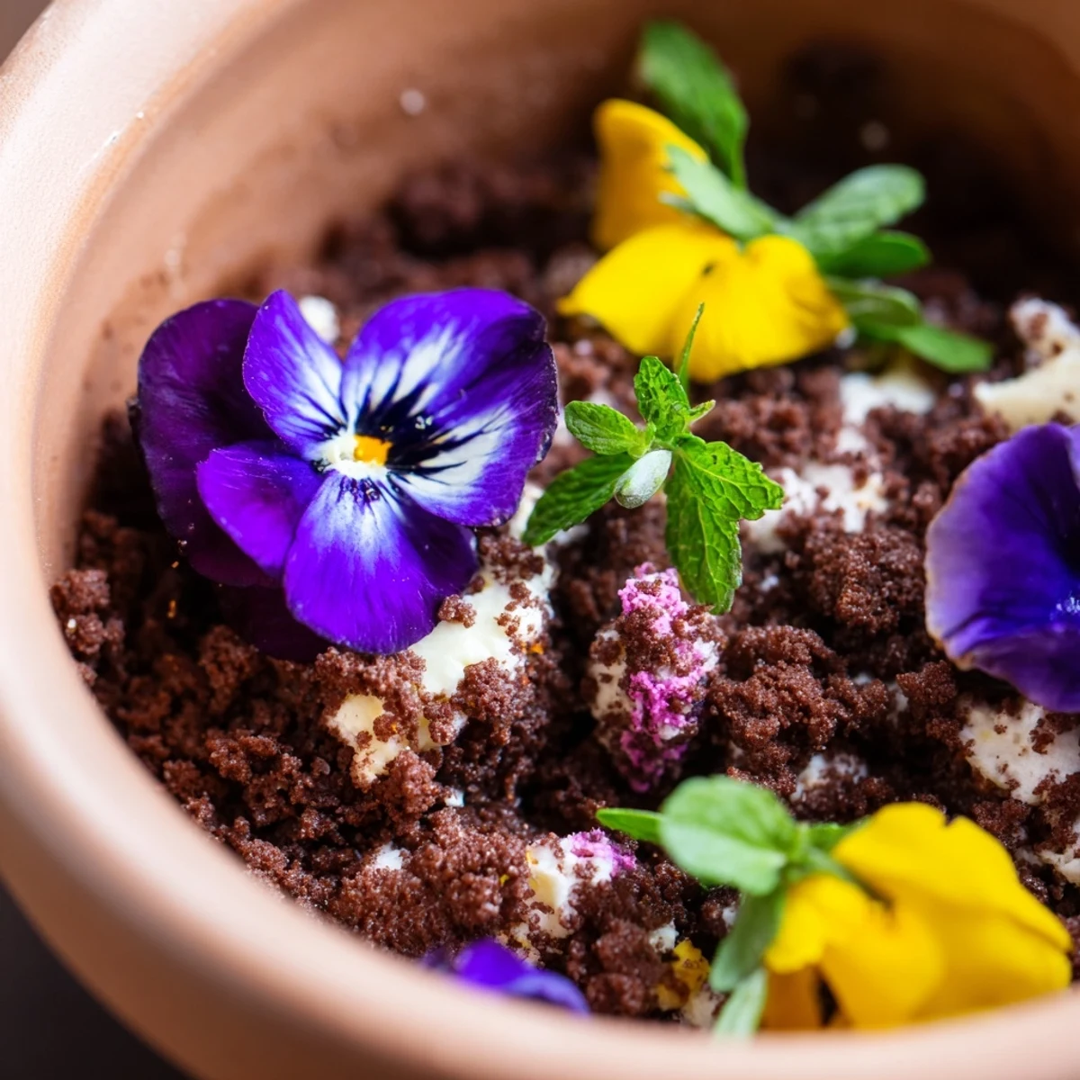 Beautiful edible potted floral garden dessert displaying layered chocolate cake and cream beneath soil-like crumbs decorated with colorful violets and herbs