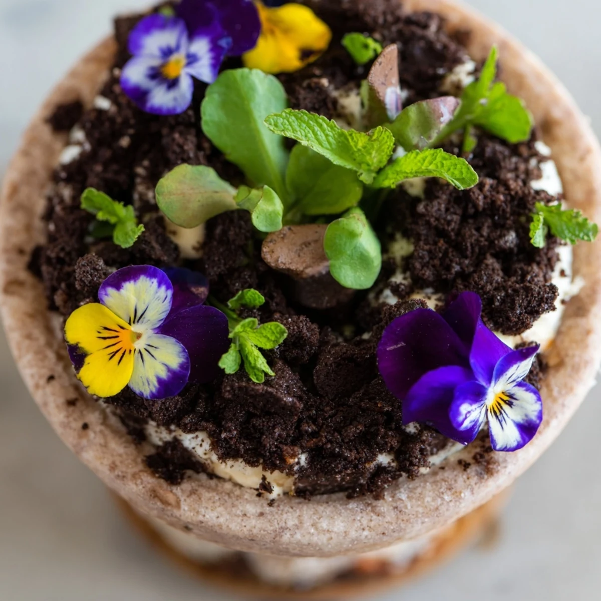 Chocolate edible potted floral garden served in miniature flower pots with vibrant pansies and mint sprouts nestled in dark cookie crumbles