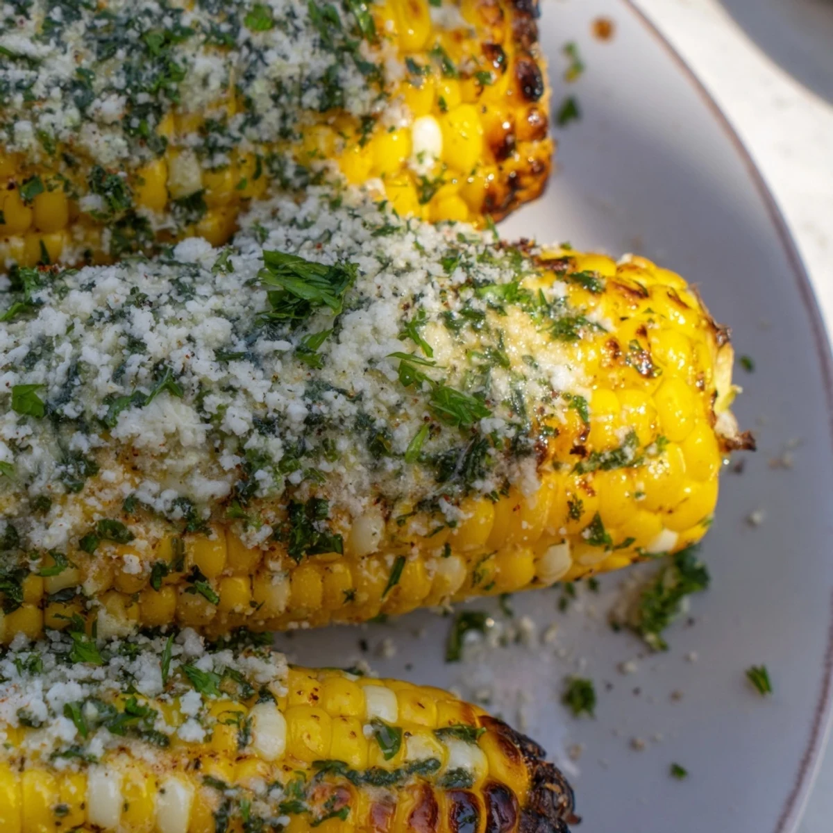 Golden grilled corn on the cob coated with zesty parmesan ranch herb mixture