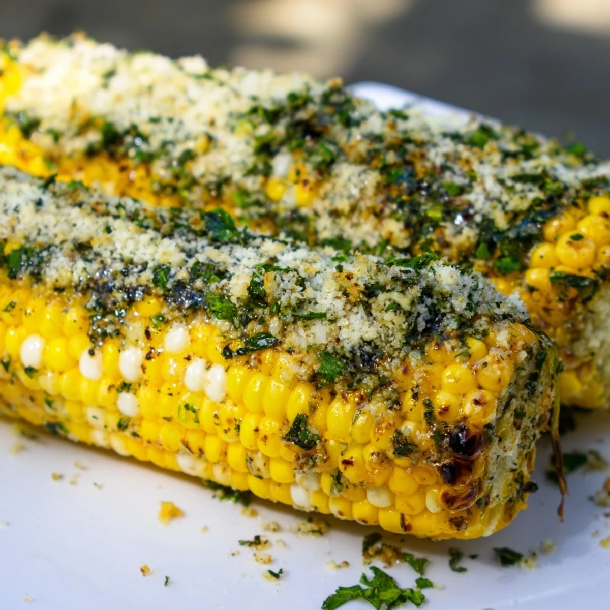 Summer side dish of grilled corn topped with melted parmesan ranch seasoning blend