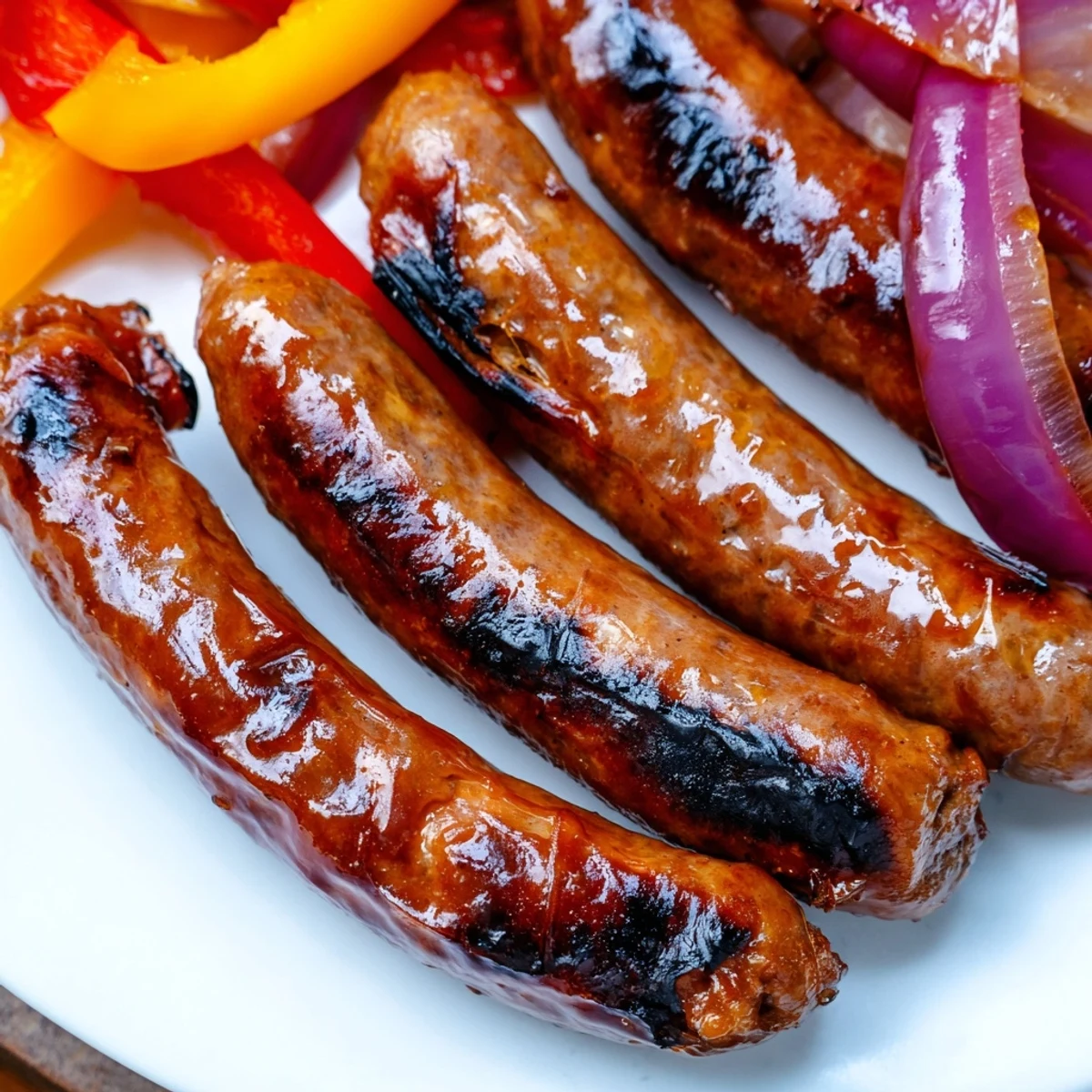 Grilled BBQ beef sausage with colorful peppers and caramelized onions drizzled with tangy honey mustard glaze on a rustic platter