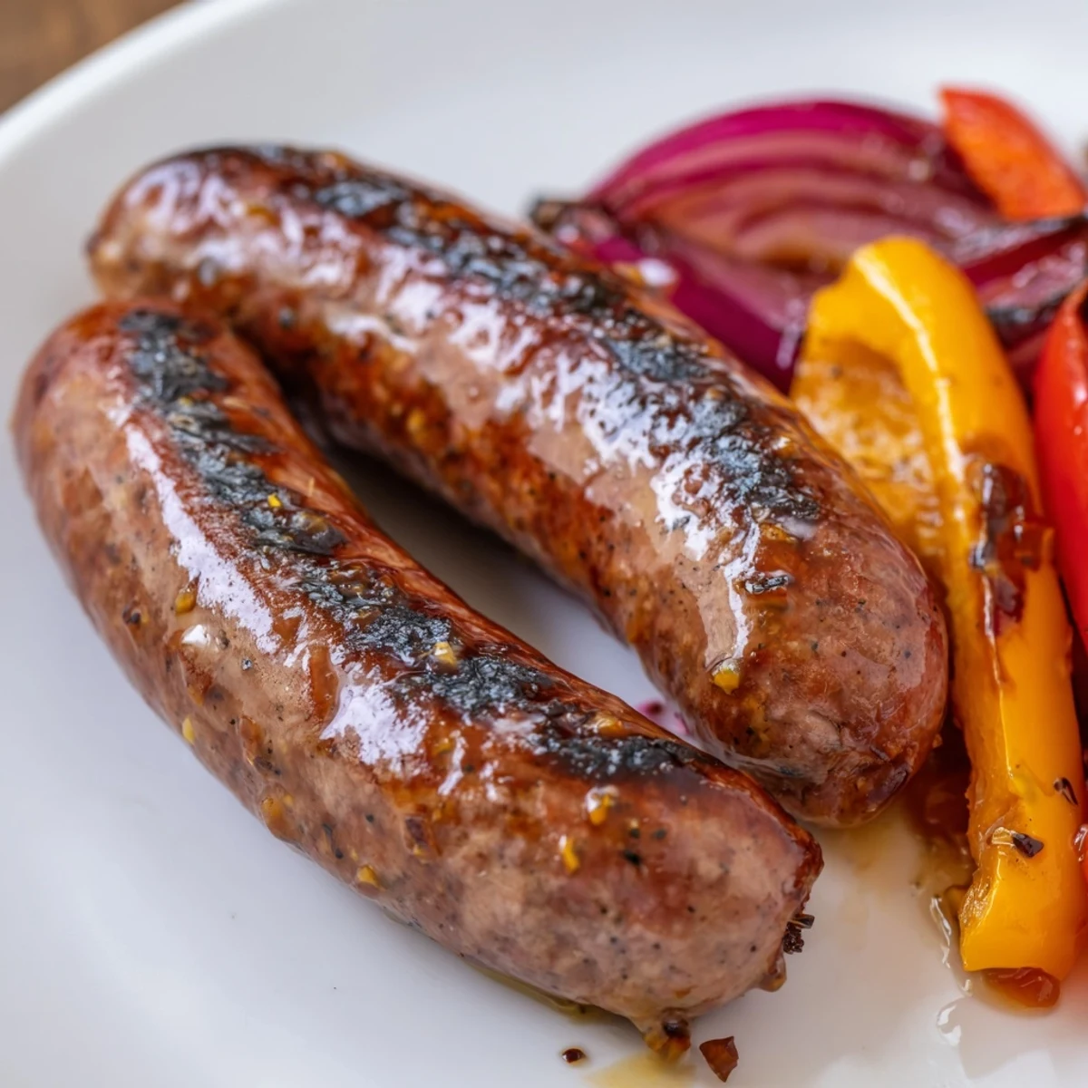 Golden charred beef sausages served over smoky grilled bell peppers and sweet onions finished with a glossy BBQ mustard coating