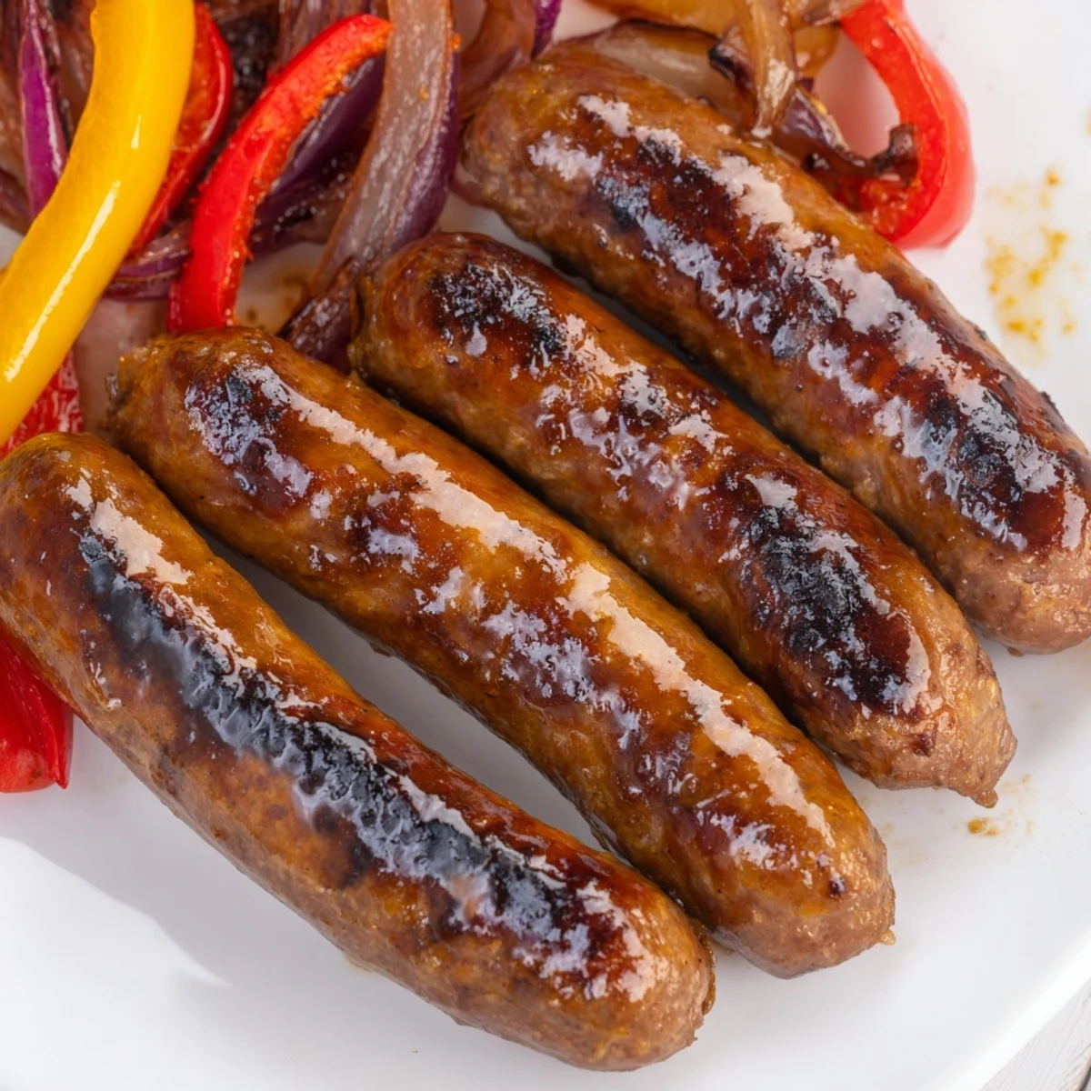 Sizzling grilled beef sausage plate featuring tender roasted peppers and onions brushed with sweet and savory honey mustard barbecue sauce