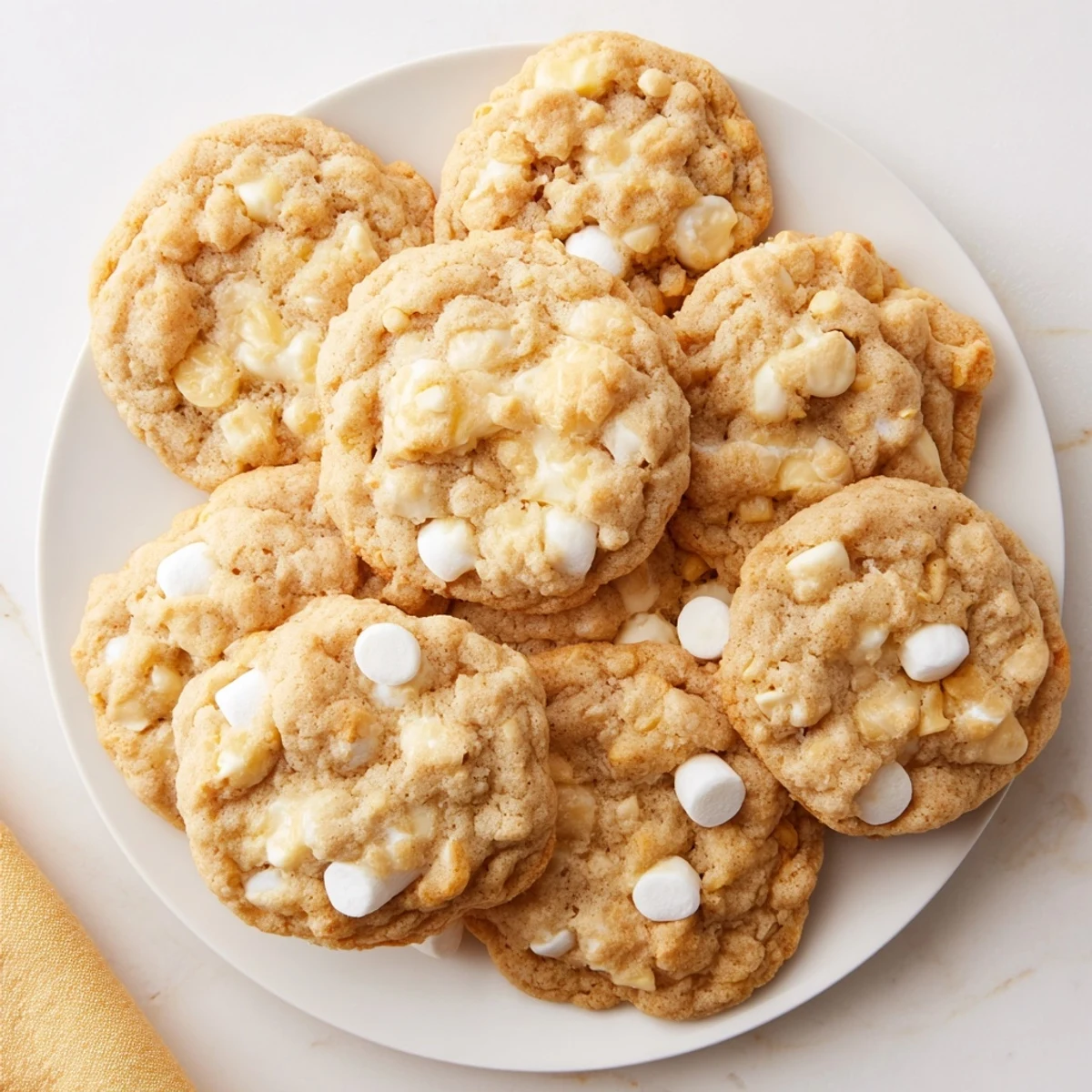 Freshly baked marshmallow crispy cookies copycat with gooey marshmallow bits and white chocolate chips throughout