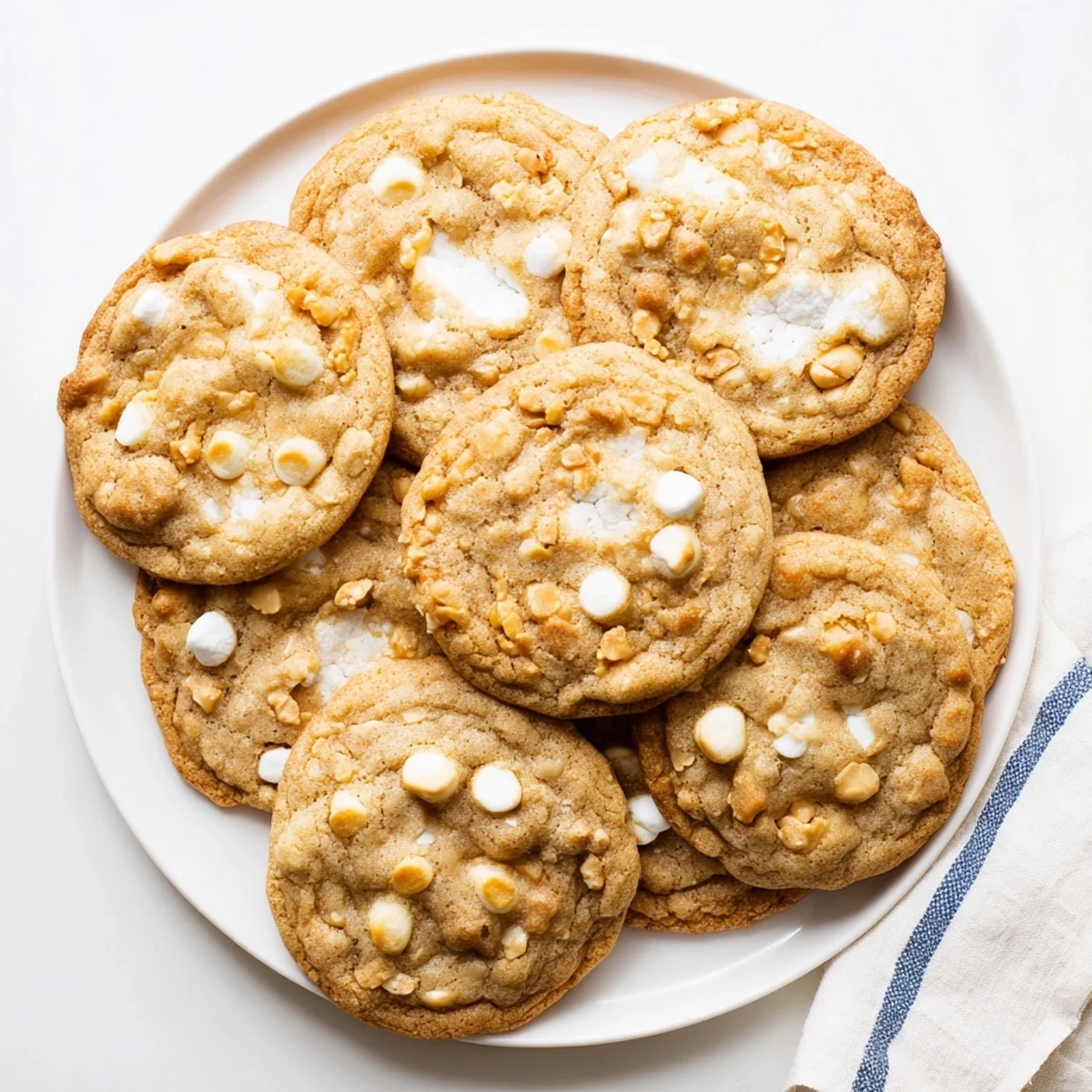 Warm marshmallow crispy cookies copycat showing golden edges with puffed marshmallows and crunchy rice cereal