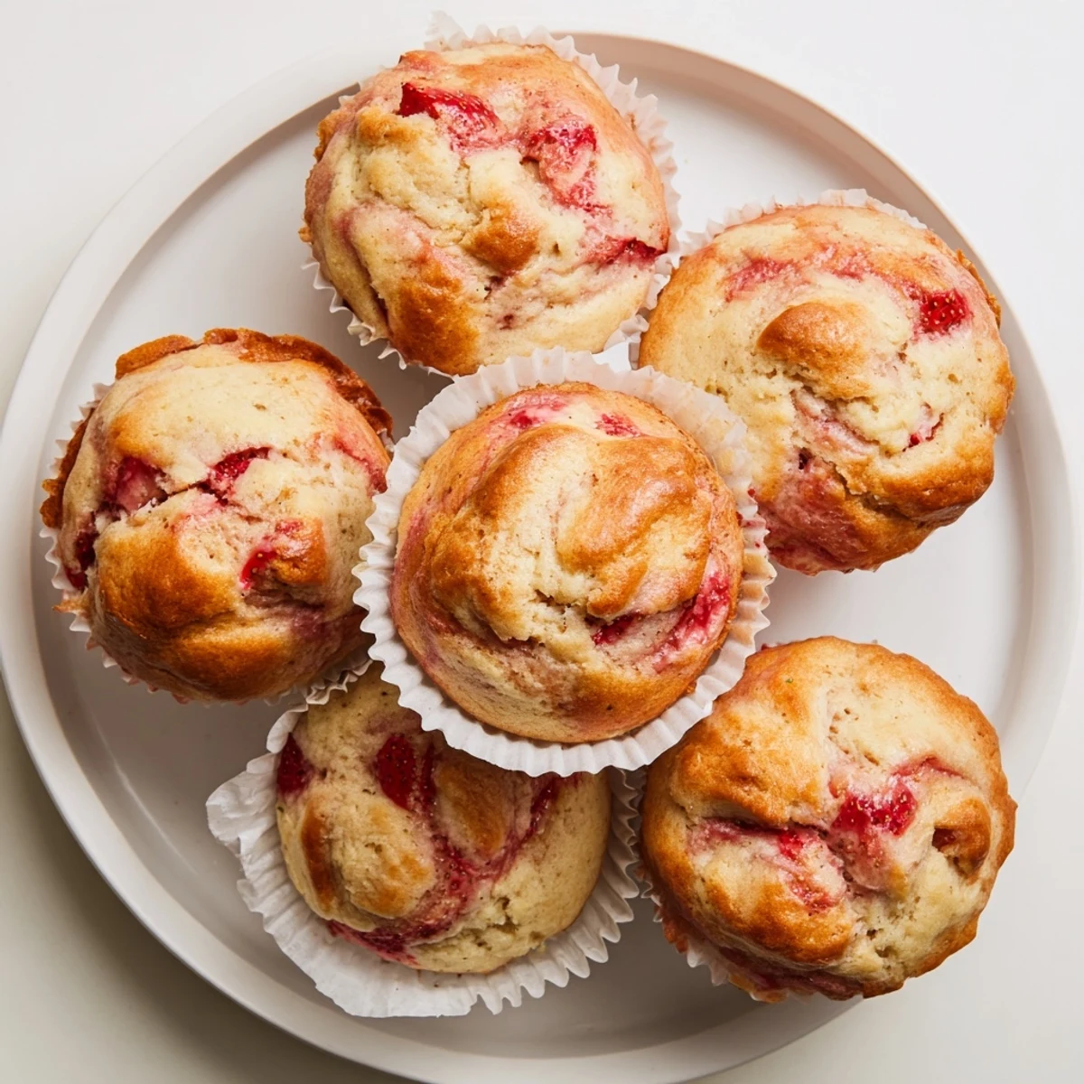 Fresh strawberry cream cheese muffins with golden tops and visible fruit pieces