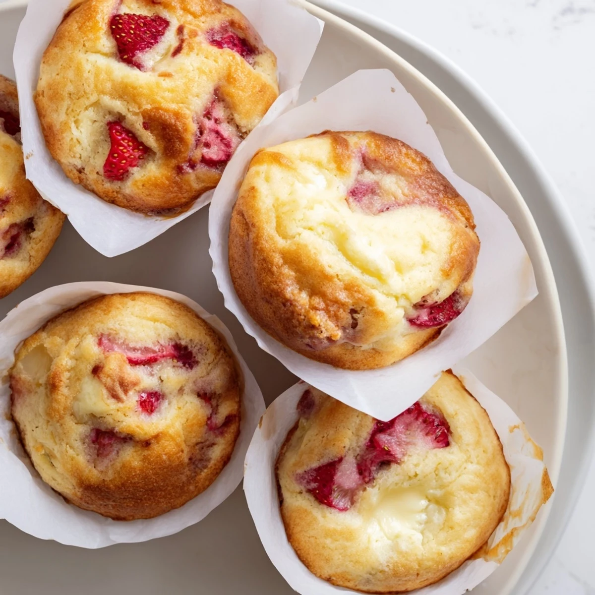 Golden baked strawberry cream cheese muffins cooling on a wire rack with paper liners