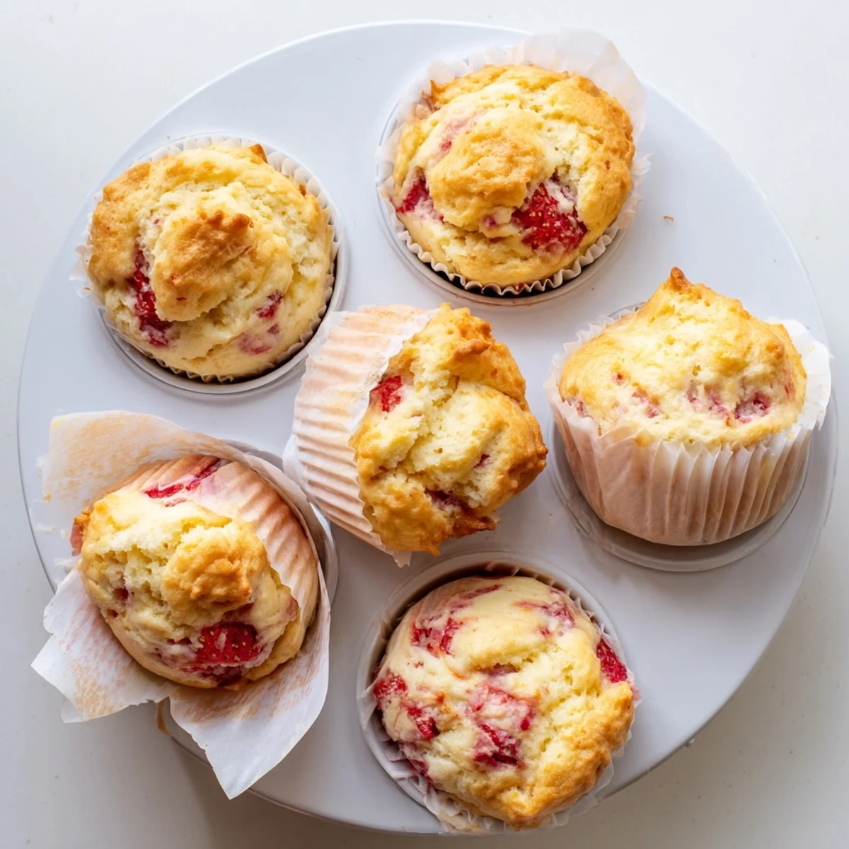 Two warm strawberry cream cheese muffins split open revealing creamy swirl filling and red berries