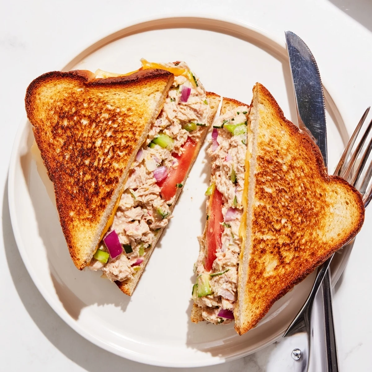 Golden grilled tuna melt sandwich oozing melted Swiss cheese with creamy tuna salad visible inside