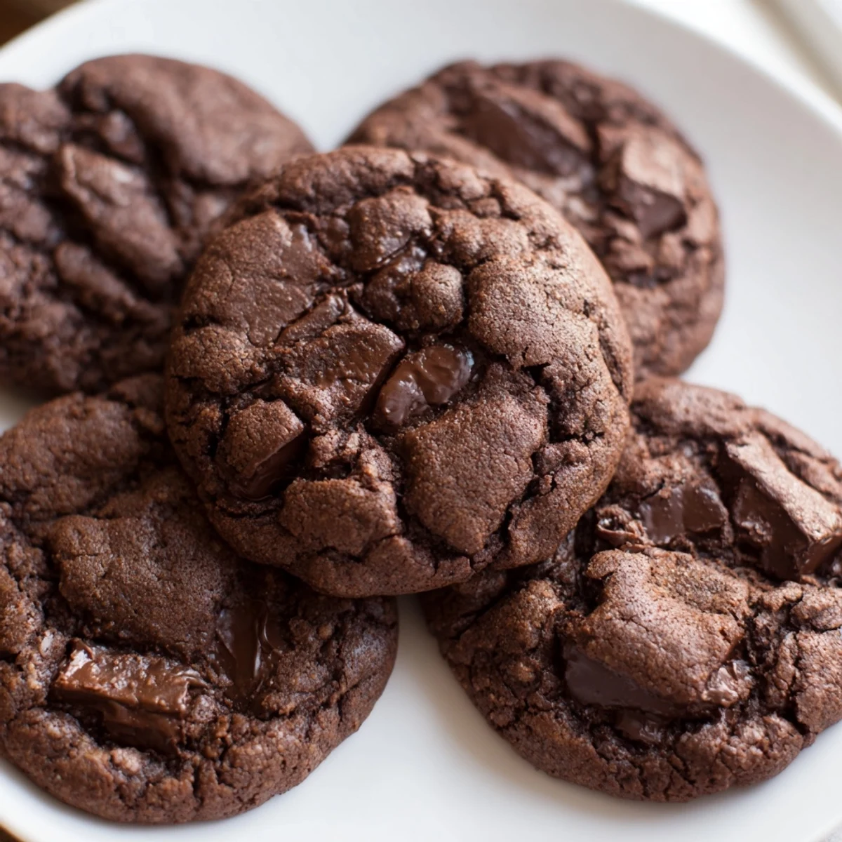Freshly baked chocolate espresso cookies with melted chocolate chips on a cooling rack