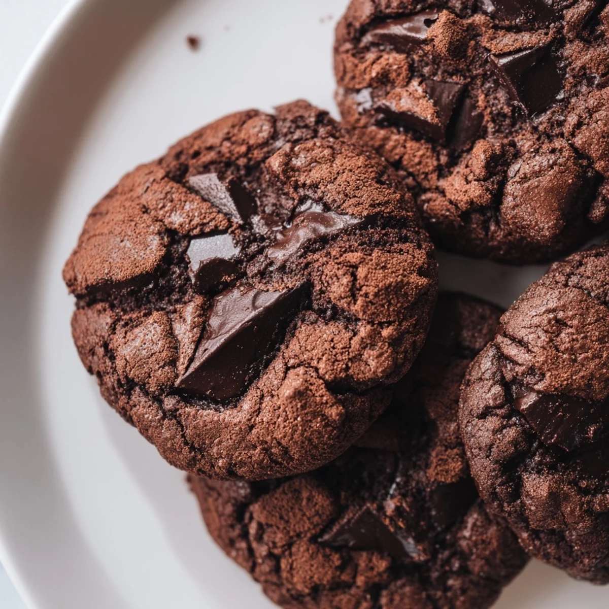 Rich chewy chocolate espresso cookies stacked on a white plate for serving