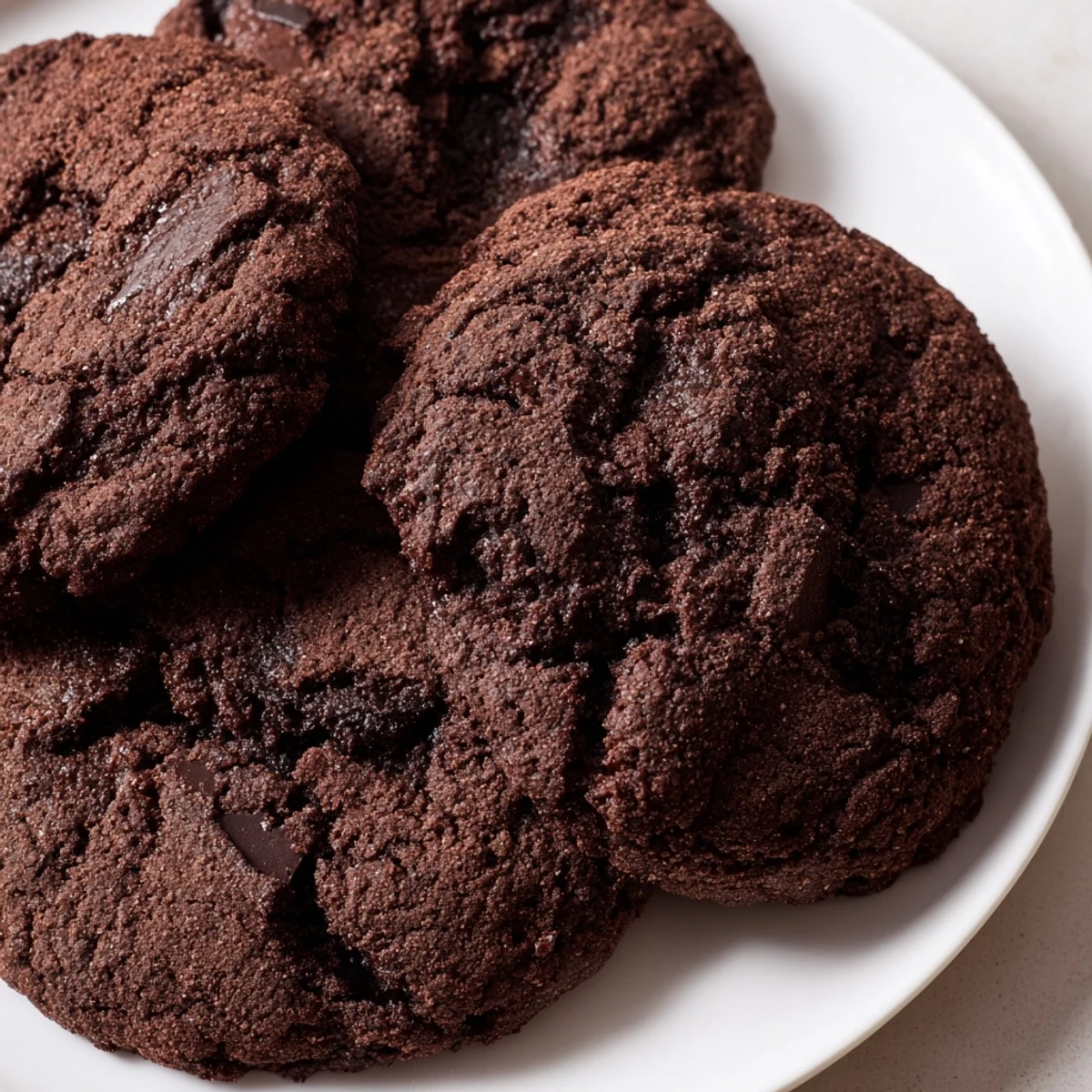 Plate of dark chocolate espresso cookies alongside a steaming hot coffee cup