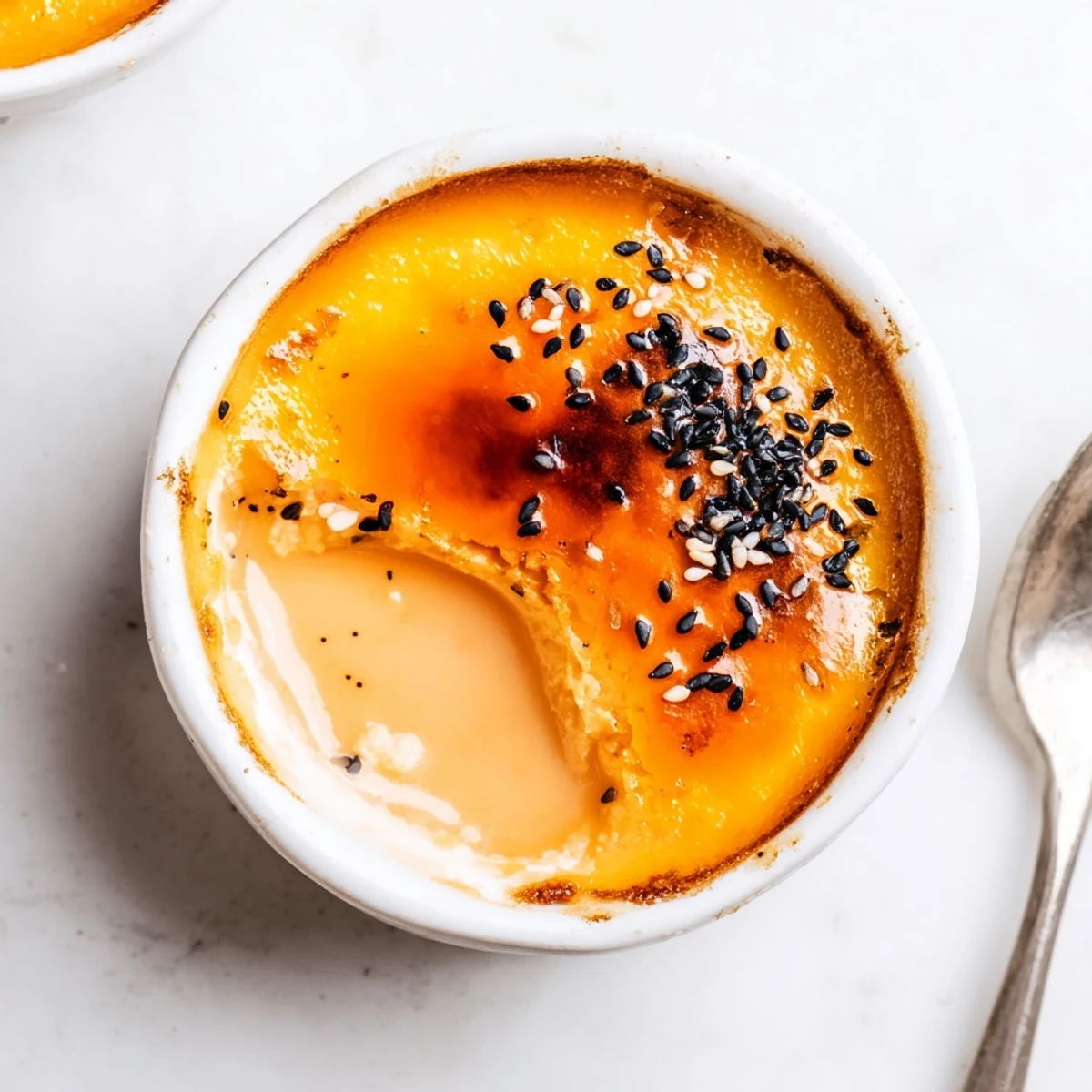 Golden caramelized crackled sugar tops Japanese sweet potato crème brûlée in white ramekins