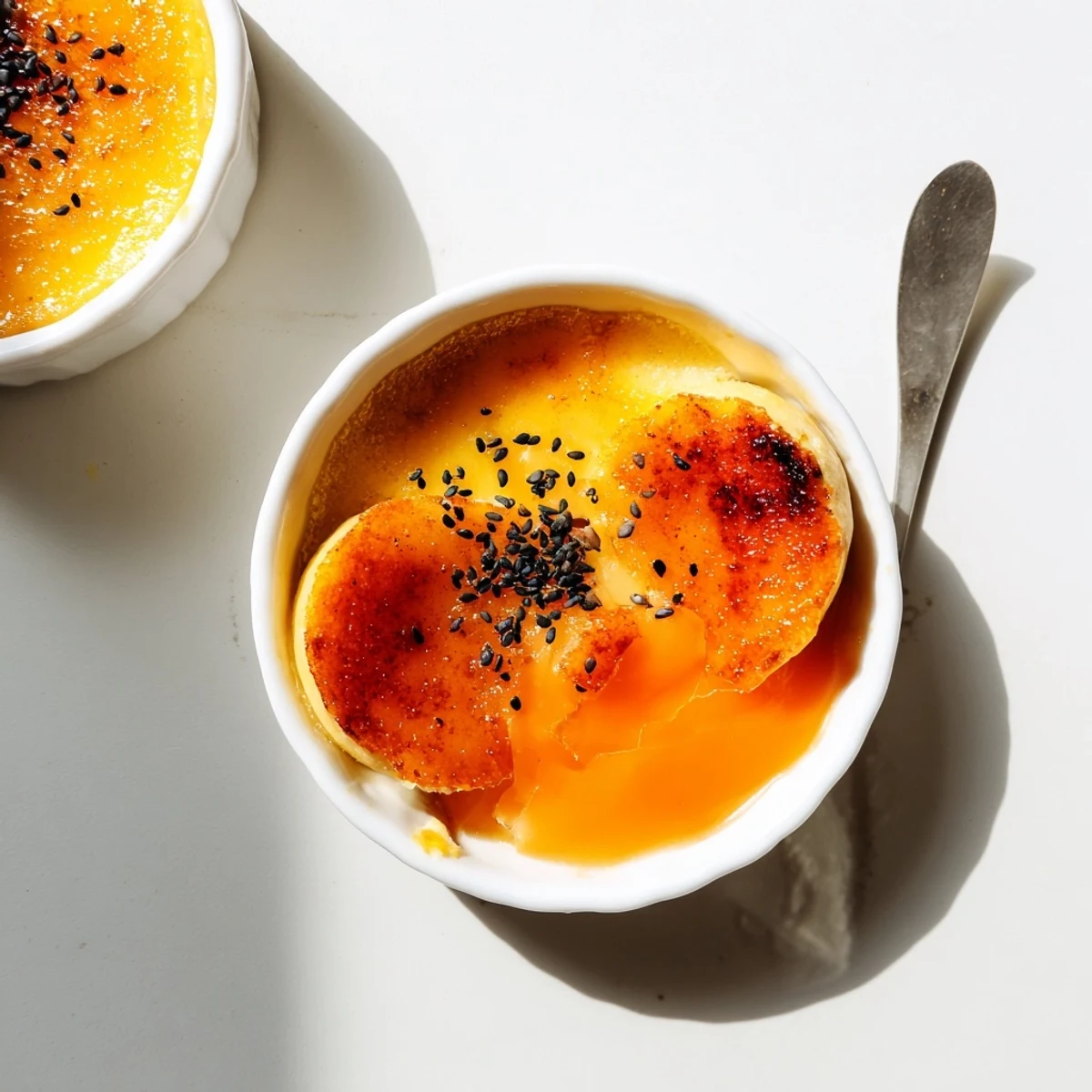Individual ramekins of Japanese sweet potato crème brûlée with torched caramelized sugar topping garnished with black sesame seeds