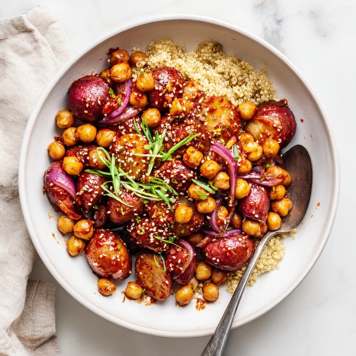 Hearty vegan meal featuring spicy gochujang glazed roasted potatoes over a bed of quinoa
