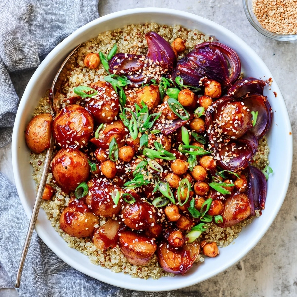 Gochujang potatoes and chickpeas bowl with fluffy quinoa garnished with sesame seeds