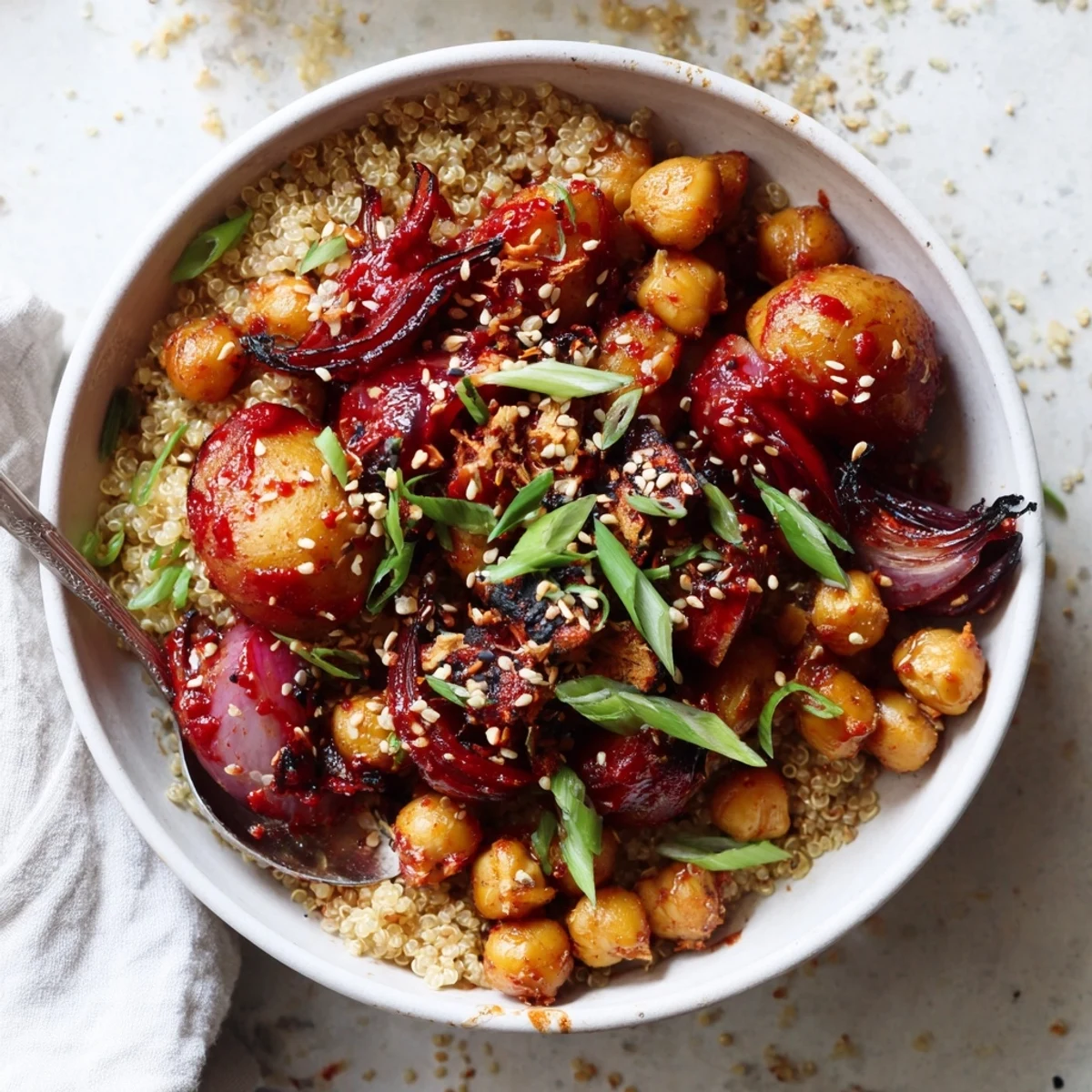 Korean-inspired quinoa bowl topped with crispy gochujang potatoes chickpeas and fresh spring onions