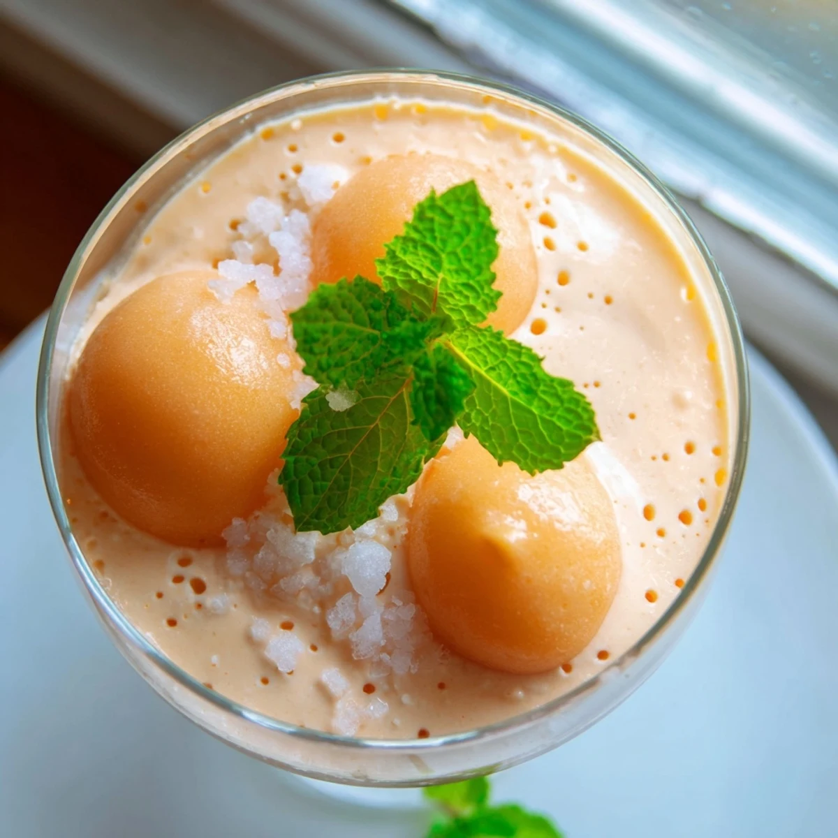 Creamy cantaloupe sea salt cream dessert garnished with fresh mint and flaky sea salt crystals