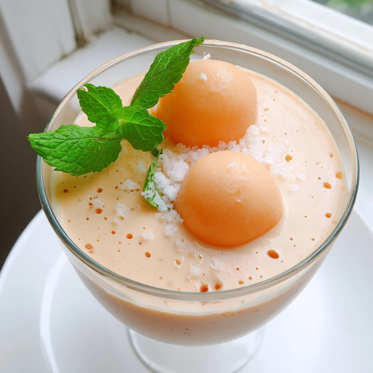 Silky smooth cantaloupe sea salt cream topped with mint leaves and a sprinkle of salt