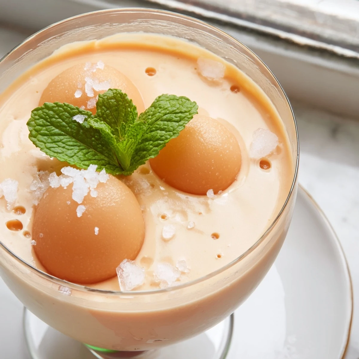 Refreshing chilled cantaloupe sea salt cream served in elegant glasses with ripe melon cubes