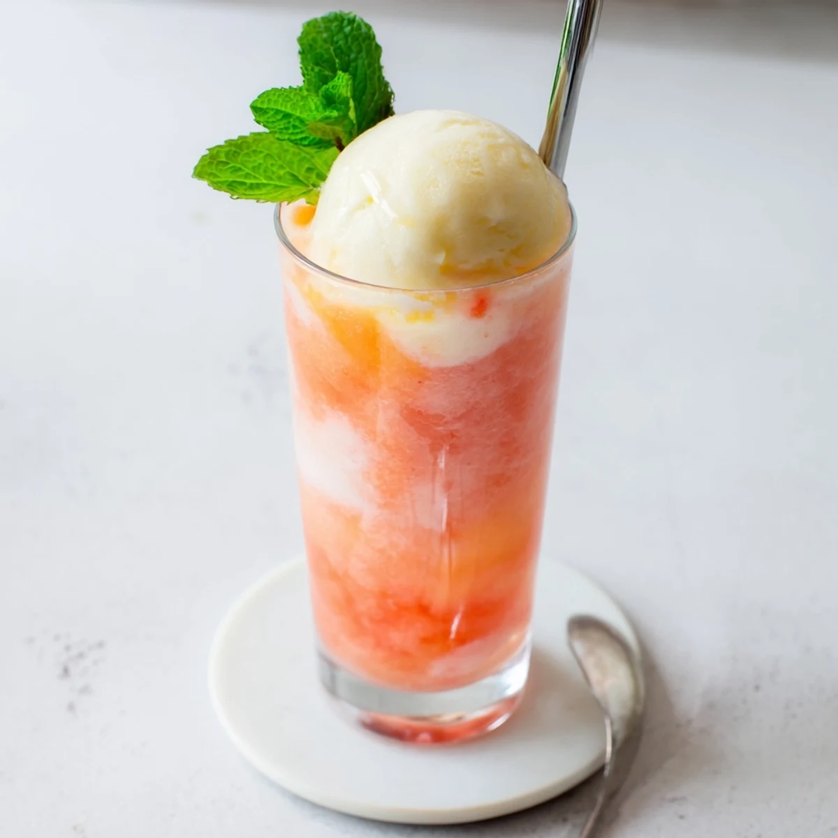 Tall glass filled with vibrant pink watermelon mango float topped with melting vanilla ice cream scoop and fresh mint garnish