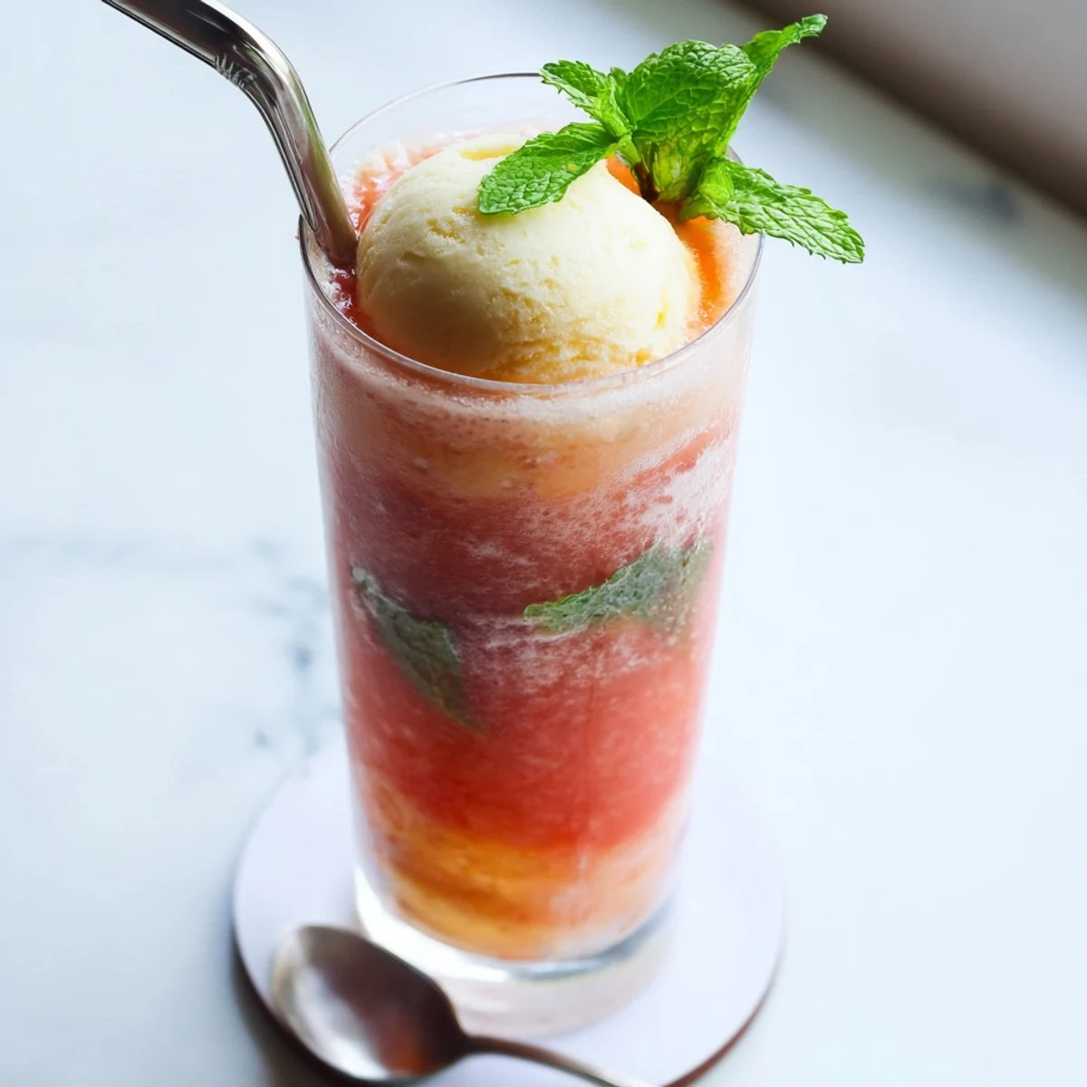 Refreshing watermelon mango float dessert drink featuring creamy vanilla ice cream floating in blended tropical fruit puree with sparkling soda