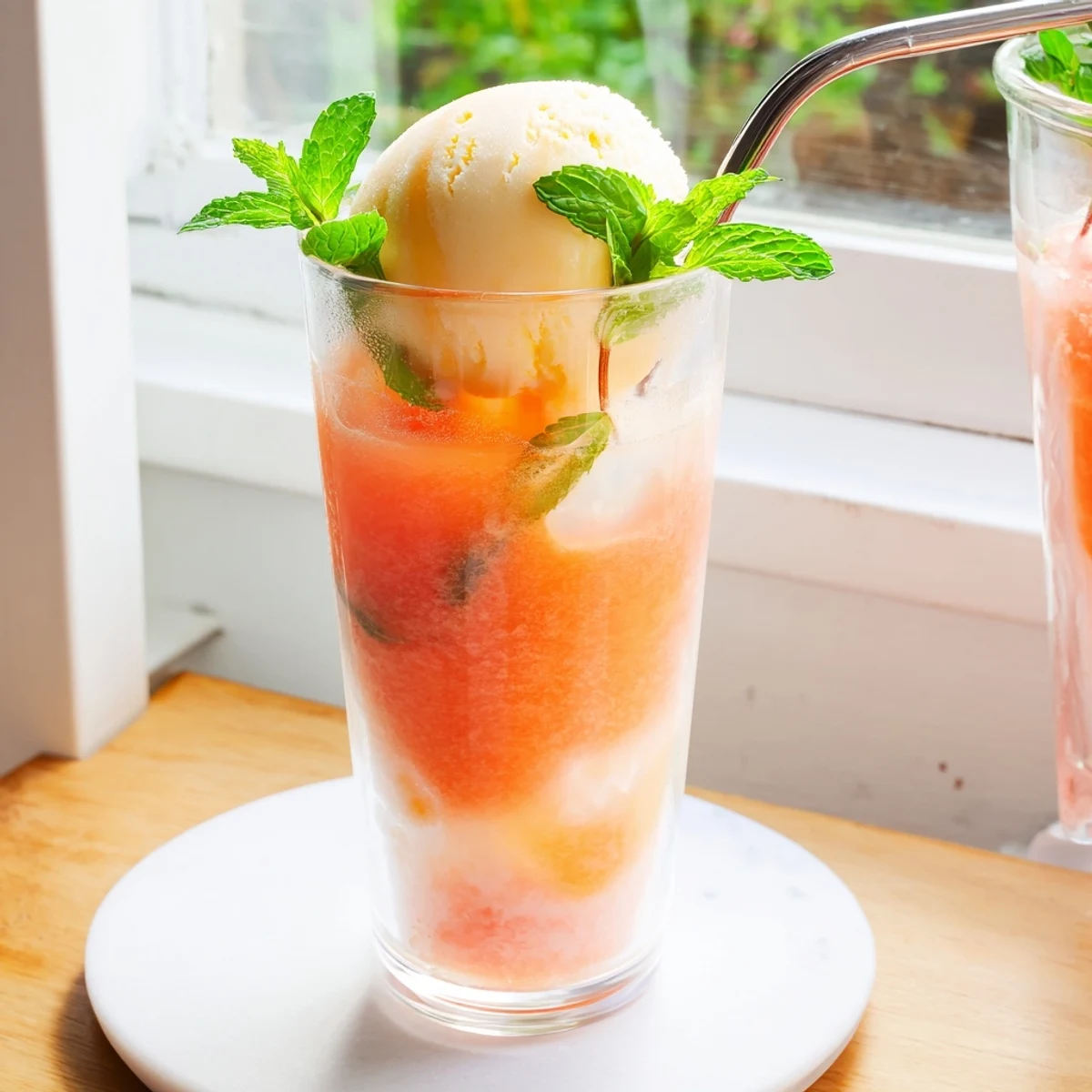 Summer watermelon mango floats served in clear glasses showing layered fruit smoothie, fizzy soda, and generous vanilla ice cream topping