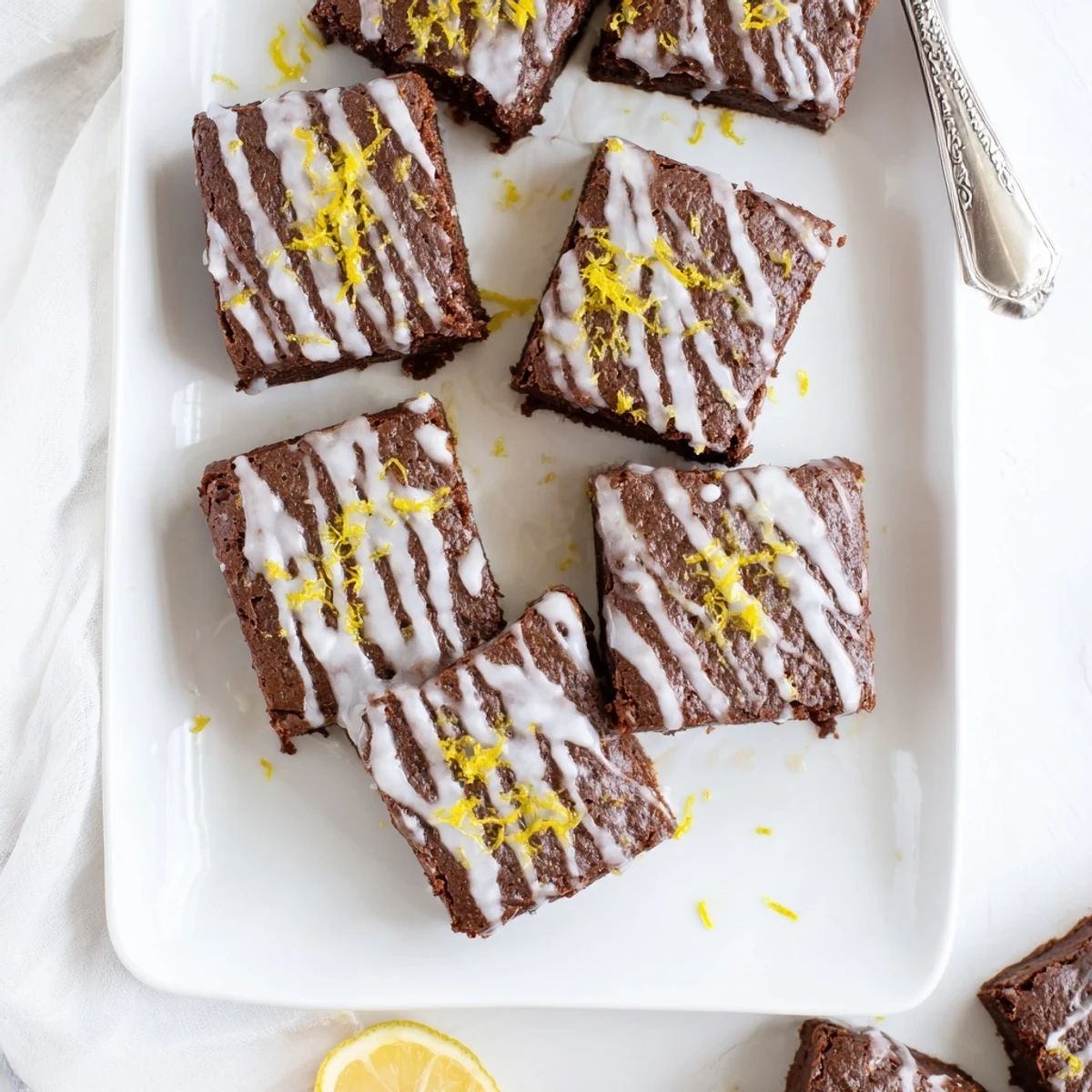 Rich buttery lemon brownies cut into squares with powdered sugar topping visible