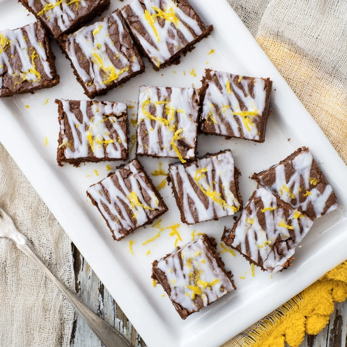 Golden lemon zest brownies drizzled with white glaze on a wooden cutting board