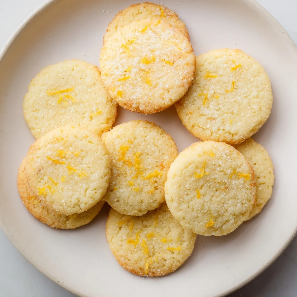 Golden orange sugar zest cookies with sparkling sugar coating on a white plate