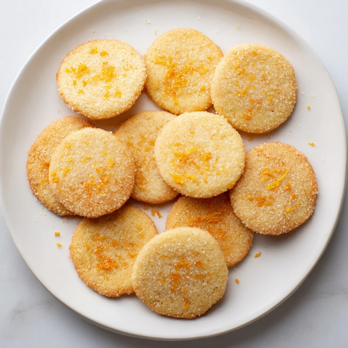 Freshly baked orange zest cookies rolled in coarse sugar with bright citrus shavings