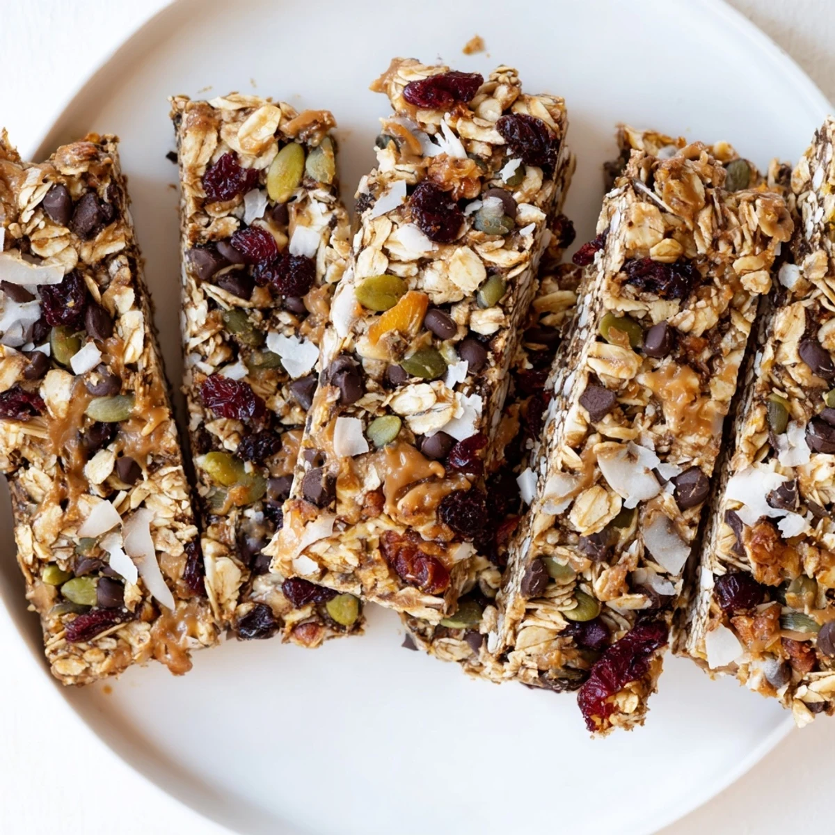 Chewy healthy homemade granola bars with oats, almonds, and dried cranberries cut into rectangular pieces