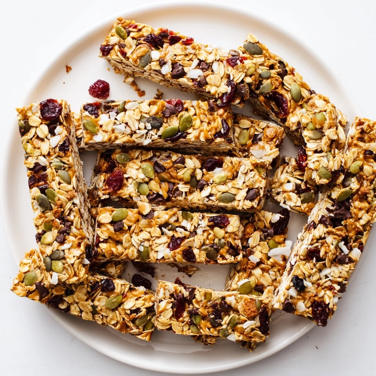 Golden brown homemade granola bars studded with chocolate chips and chopped nuts on a white plate