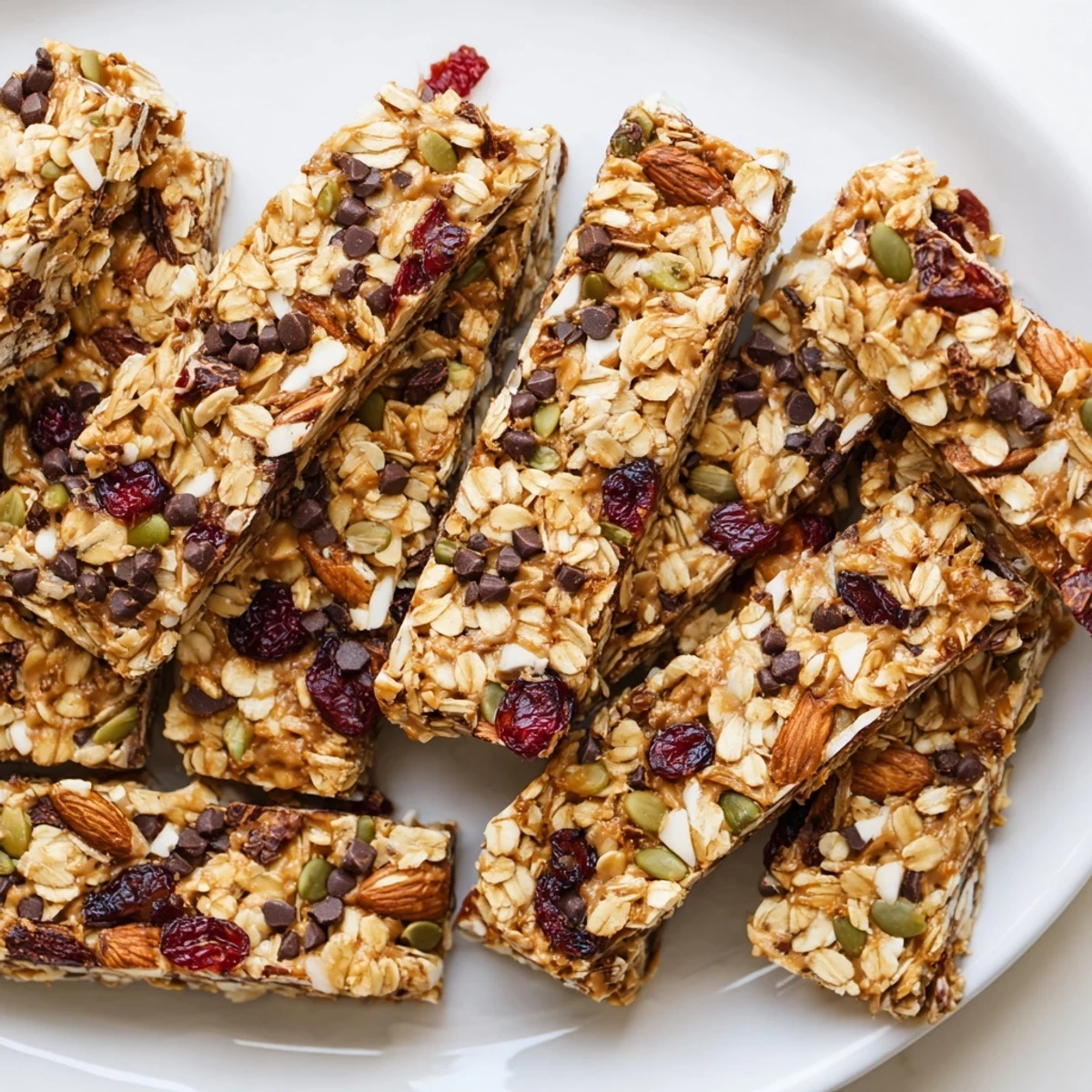 Close up of crunchy homemade granola bars with pumpkin seeds and honey drizzle on baking sheet