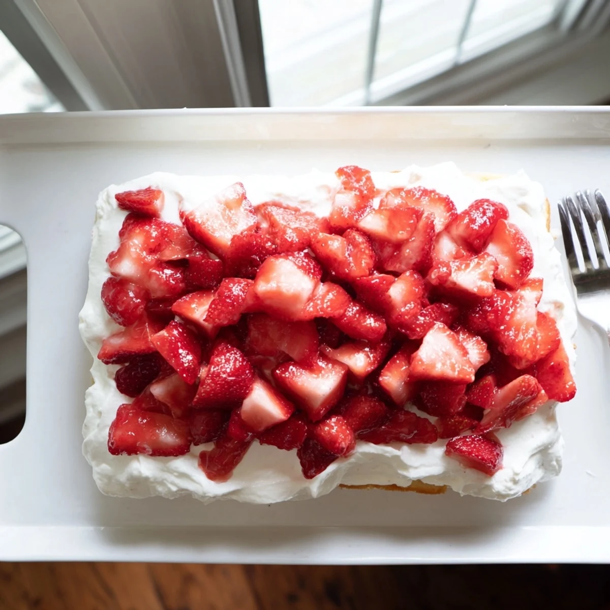 Golden strawberry shortcake sheet cake topped with fluffy whipped cream and fresh juicy red berries