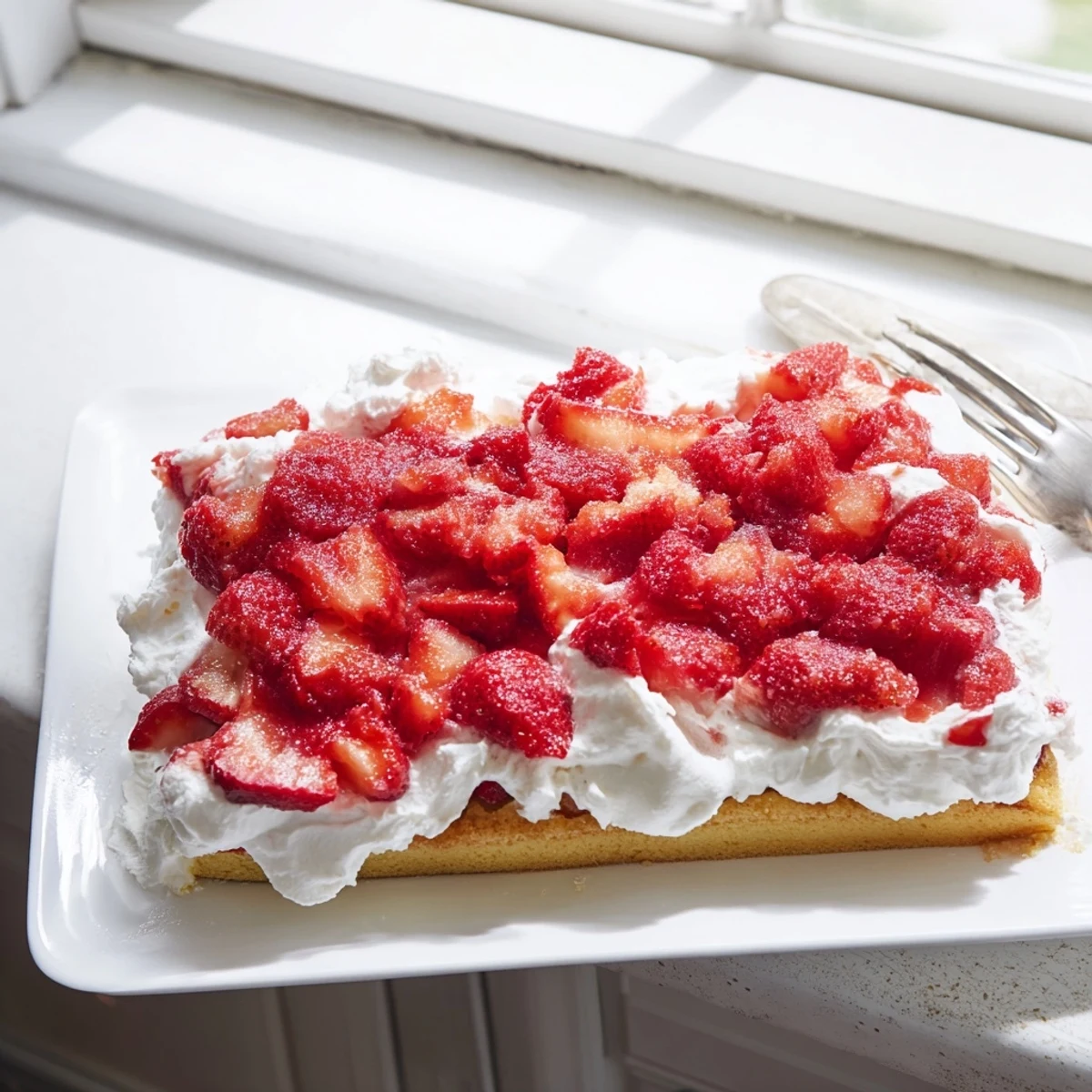 Square pan of vanilla strawberry shortcake sheet cake with clouds of sweet cream and macerated strawberries